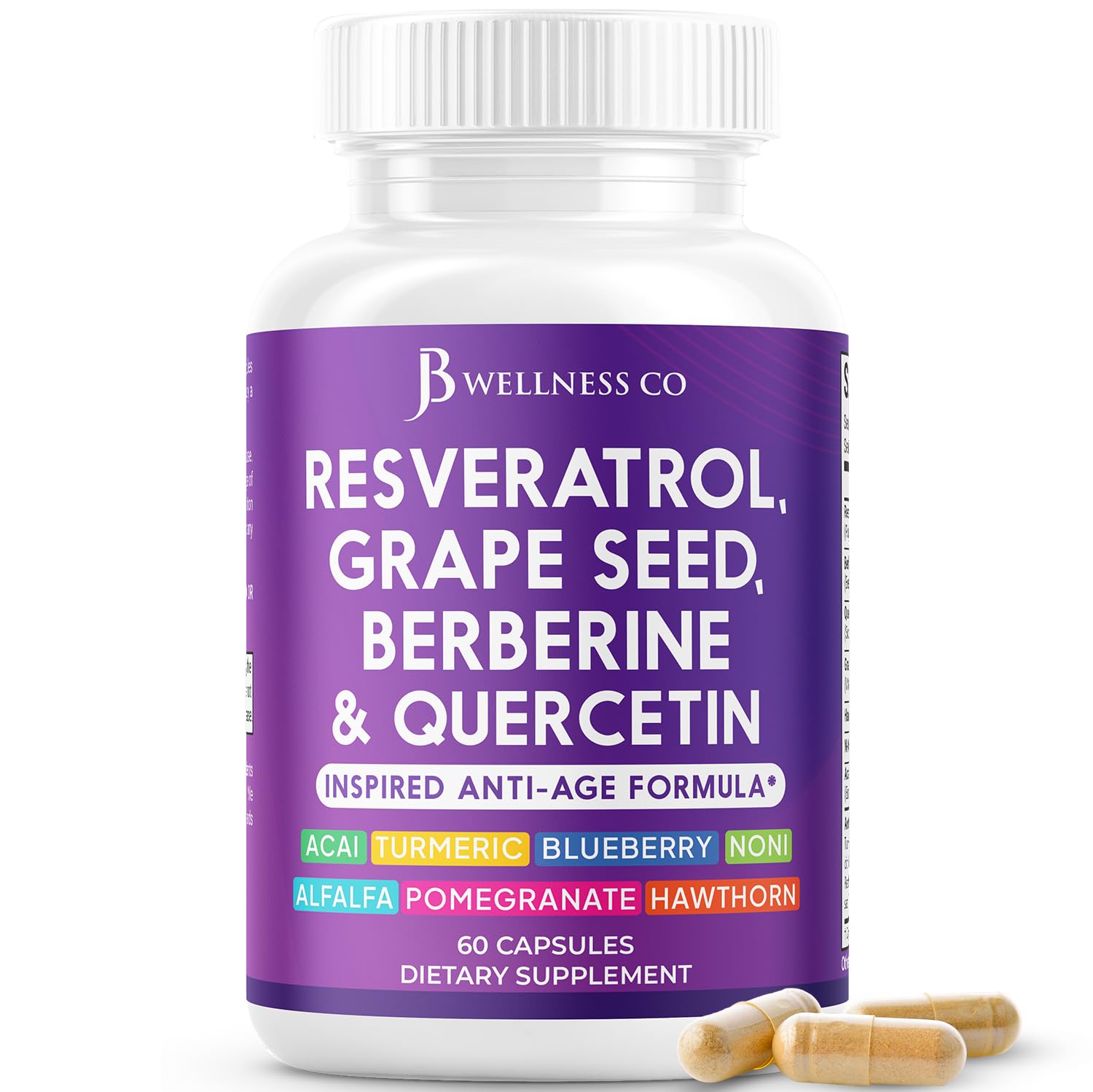 JB Wellness Co Resveratrol Grape Seed Extract Berberine Quercetin Polyphenol Supplement with Noni, N-Acetyl Cysteine, Acai Extract Capsules 60