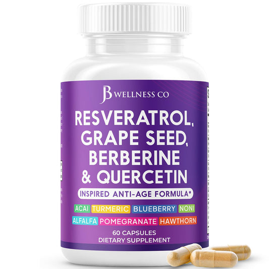JB Wellness Co Resveratrol Grape Seed Extract Berberine Quercetin Polyphenol Supplement with Noni, N-Acetyl Cysteine, Acai Extract Capsules 60