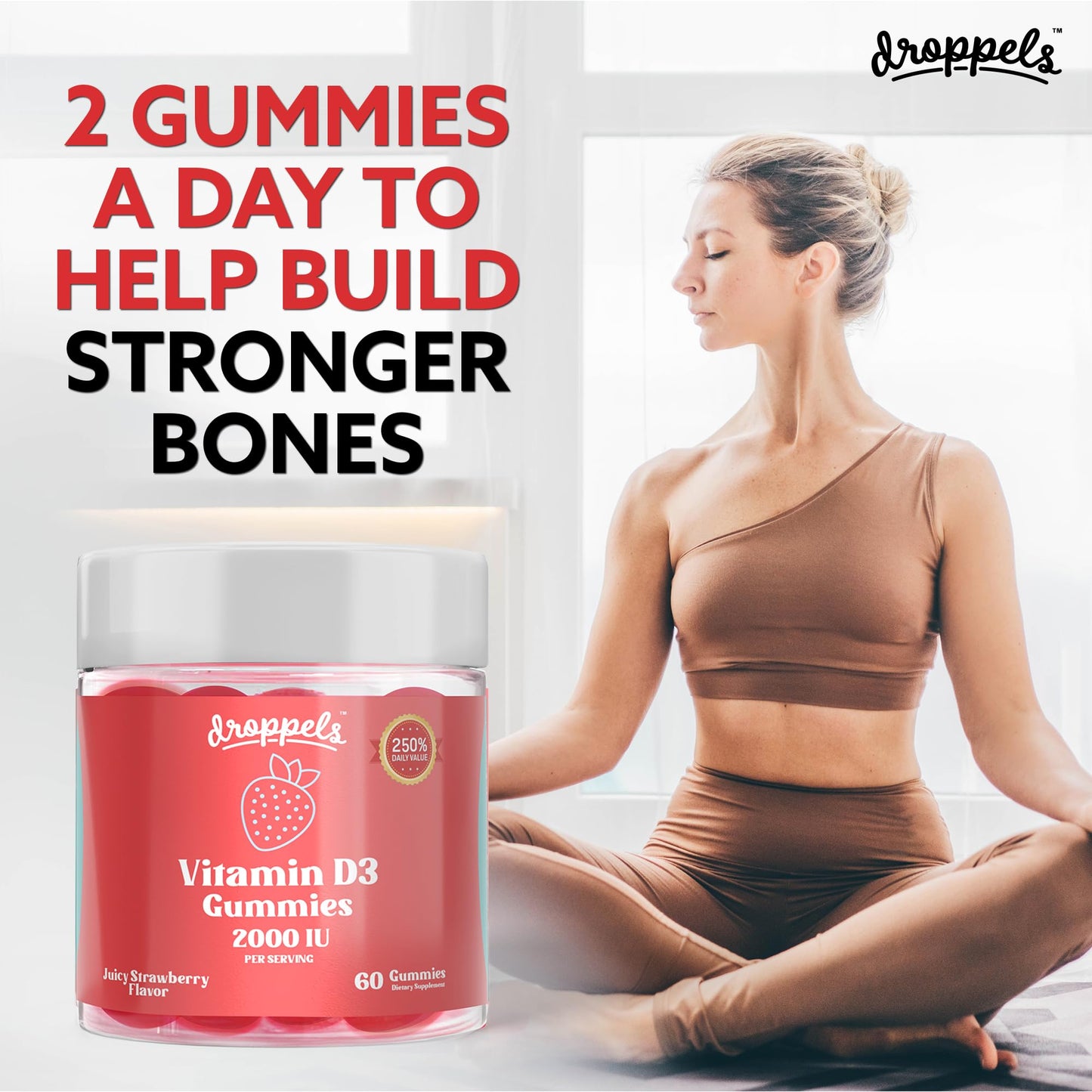 Droppels Vitamin D3 Gummies 2000 IU – Extra Strength, Vegetarian, Plant-Based (Pectin) – Juicy Strawberry Flavor, 60 Count