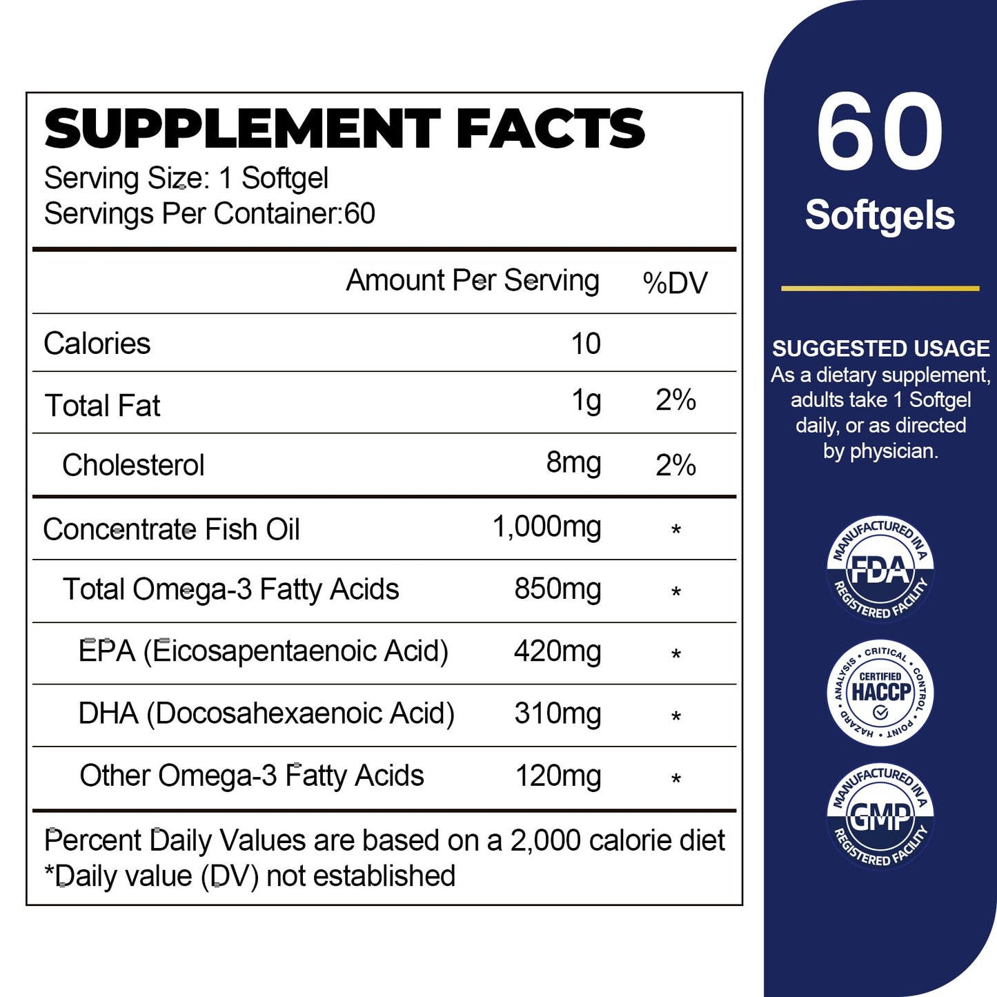 VBTOP Fish Oil Omega-3 Concentrate Supplement 1000 mg Softgels, 60 Count