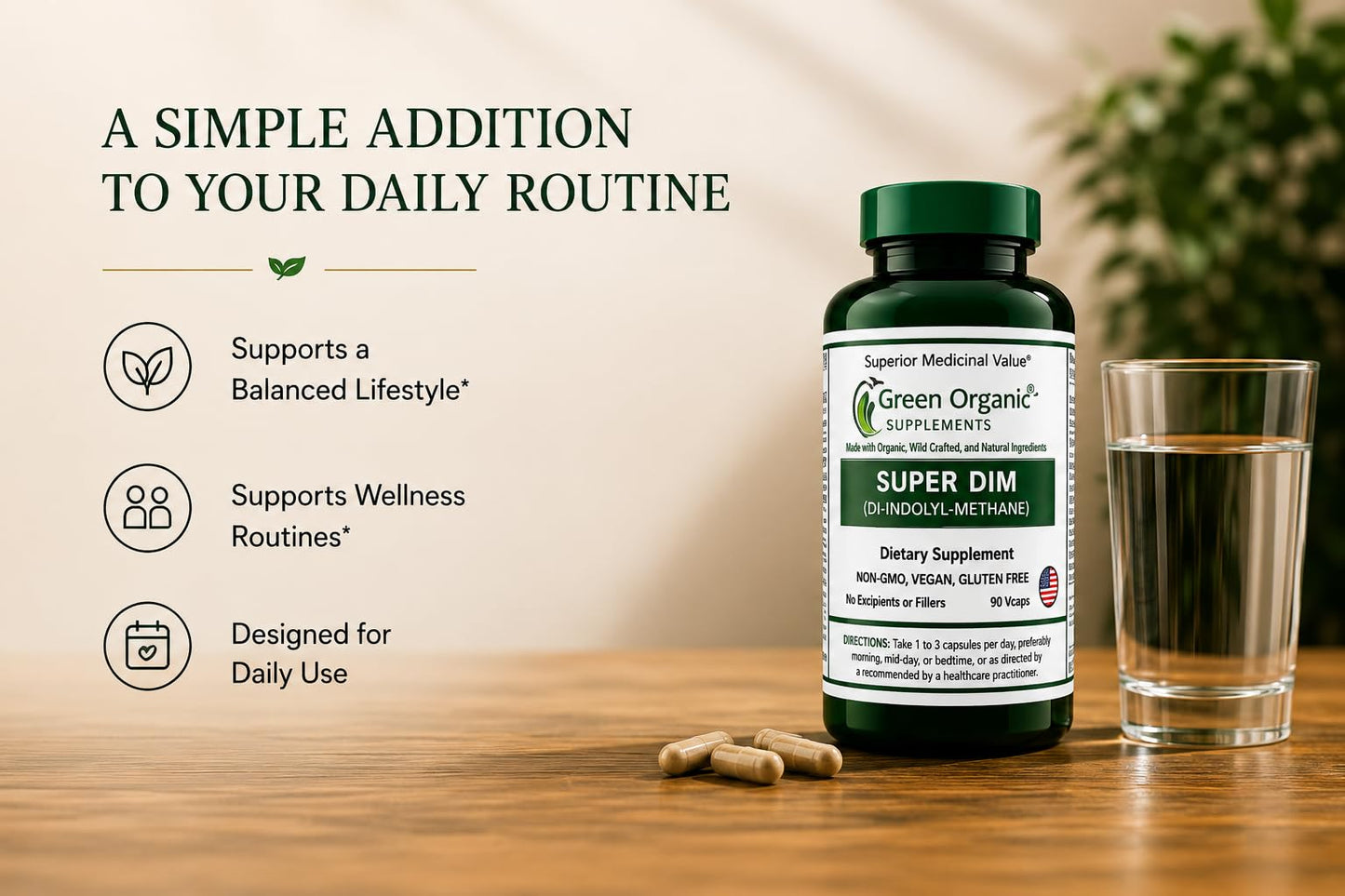 Green Organic Supplements DIM, Diindolylmethane, Indole-3-Carbinol, Broccoli 90 Capsules