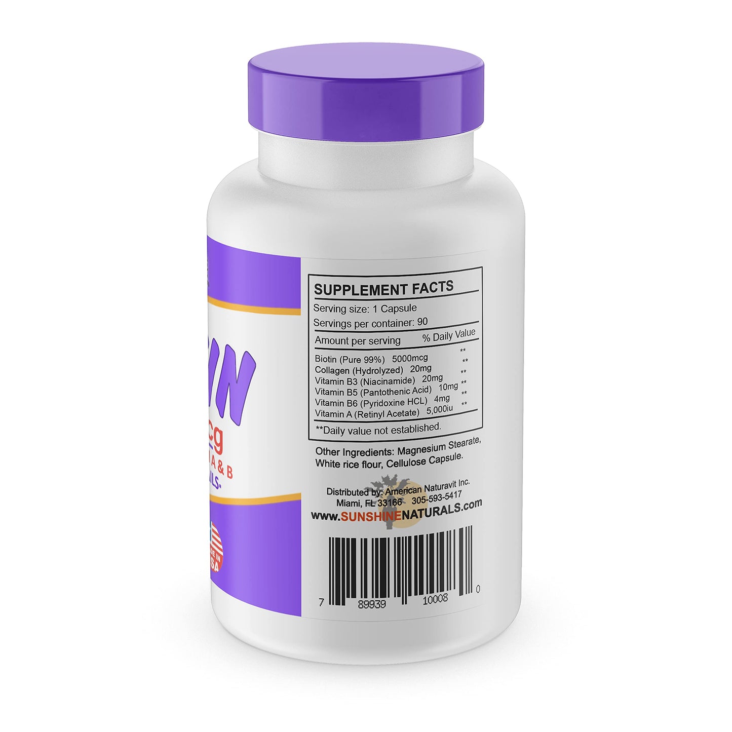 Sunshine Naturals Biotin Dietary Supplement Capsule, 90 Capsules