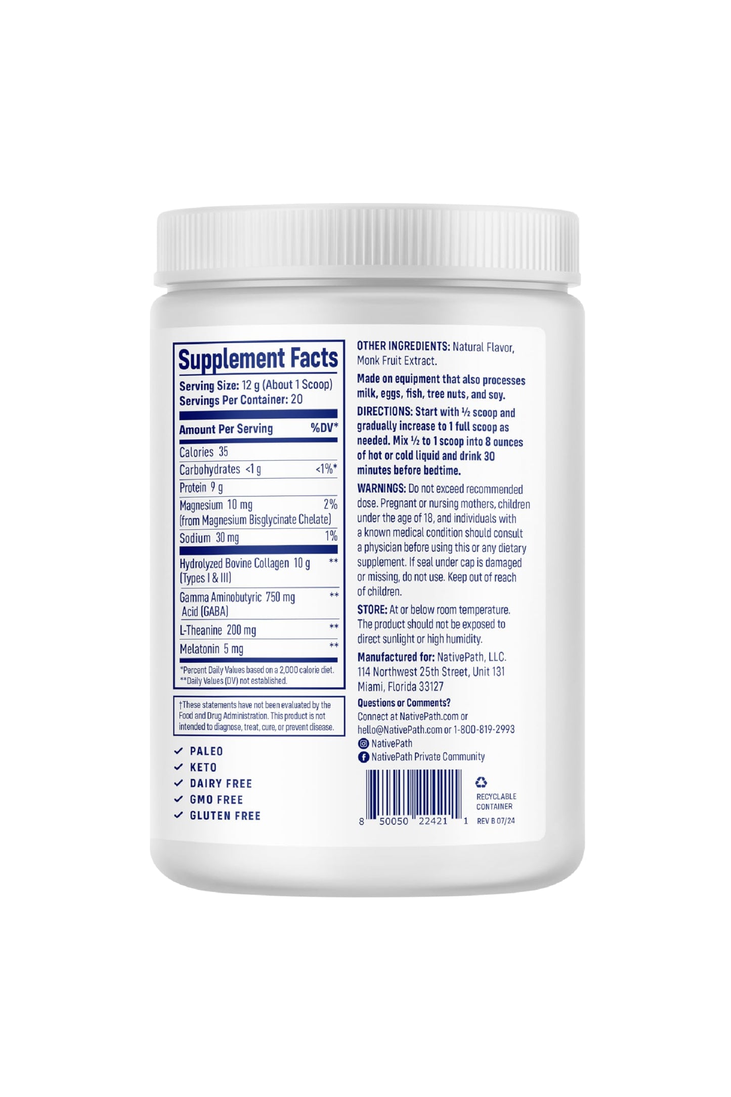 NativePath Collagen PM Honey Chamomile with Melatonin Powder 8.5 Ounces