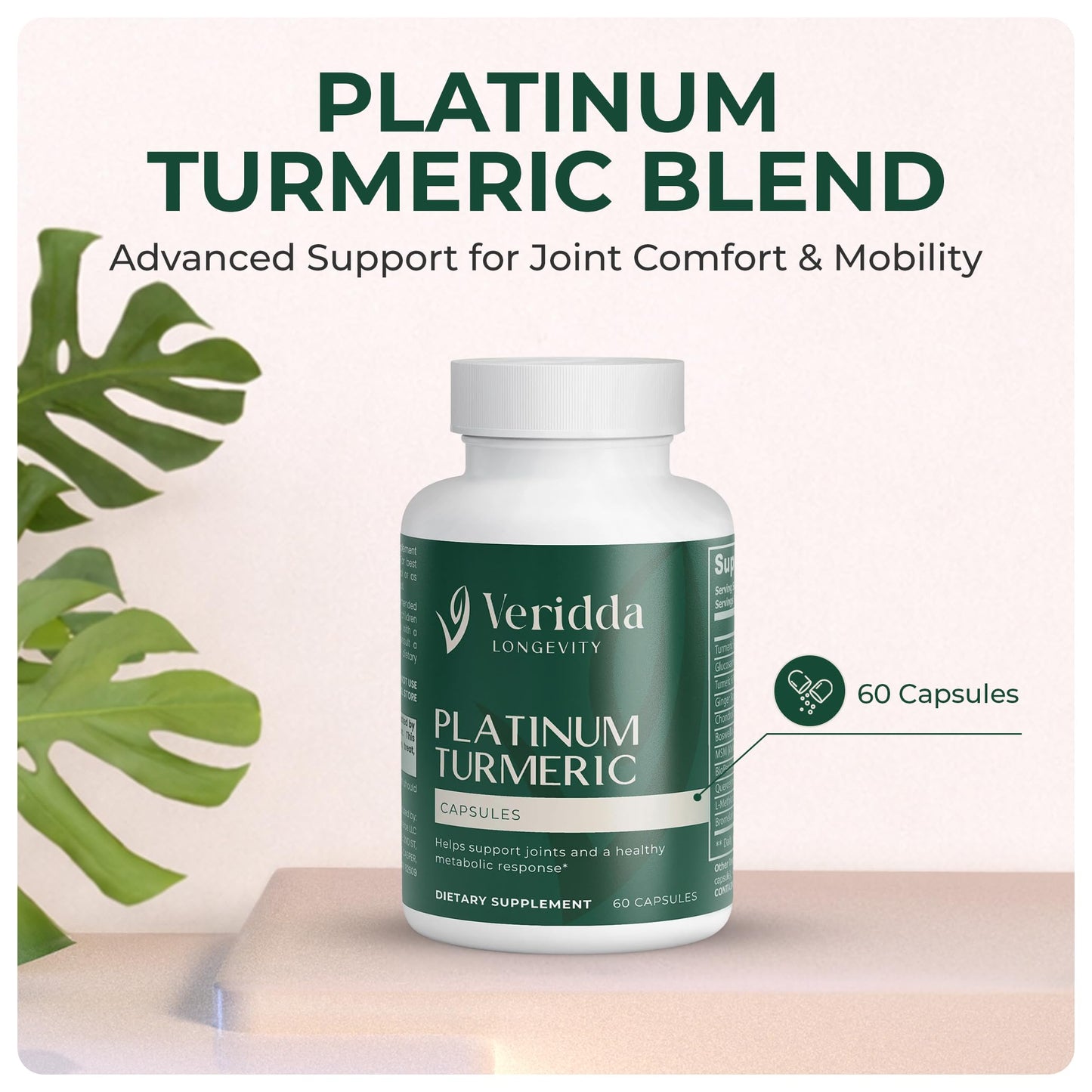 Veridda Longevity Platinum Turmeric Blend Capsules, 60 Count