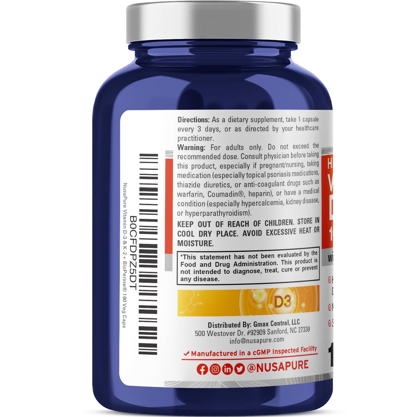 NusaPure Vitamin D3 & K-2, 250 mg D3 and 200 mcg K-2, 180 Veg Capsules