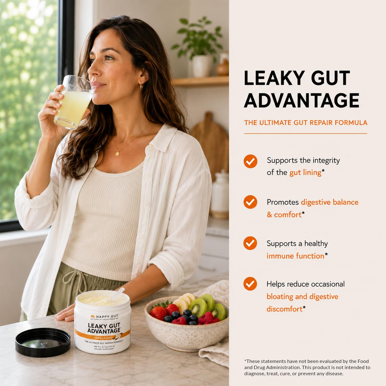 HAPPY GUT Leaky Gut Advantage L-Glutamine & DGL Vanilla Powder, 8 oz