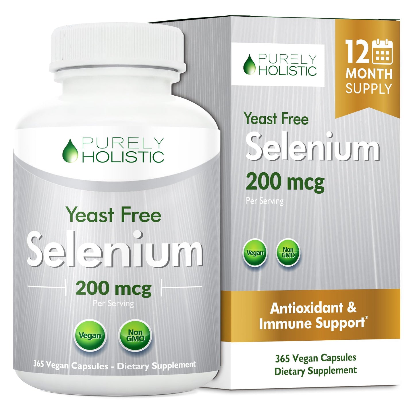 Purely Holistic Selenium 200mcg Vegan Capsules - L-Selenomethionine, Antioxidant Trace Mineral, Made in USA, 365 Capsules