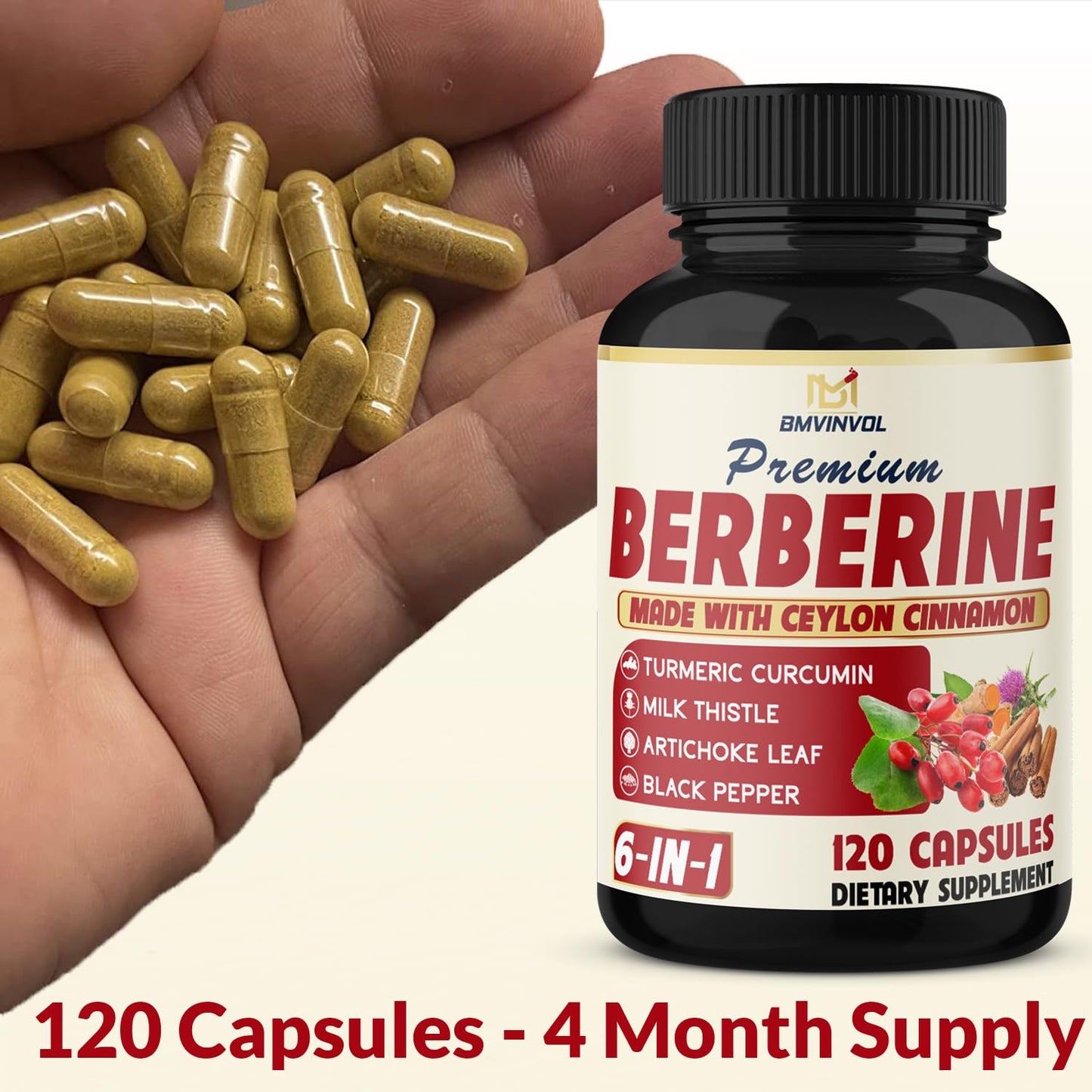 BMVINVOL 6in1 Berberine Supplement with Ceylon Cinnamon, Turmeric Root, Milk Thistle, Artichoke, Black Pepper Capsules, 120 Count