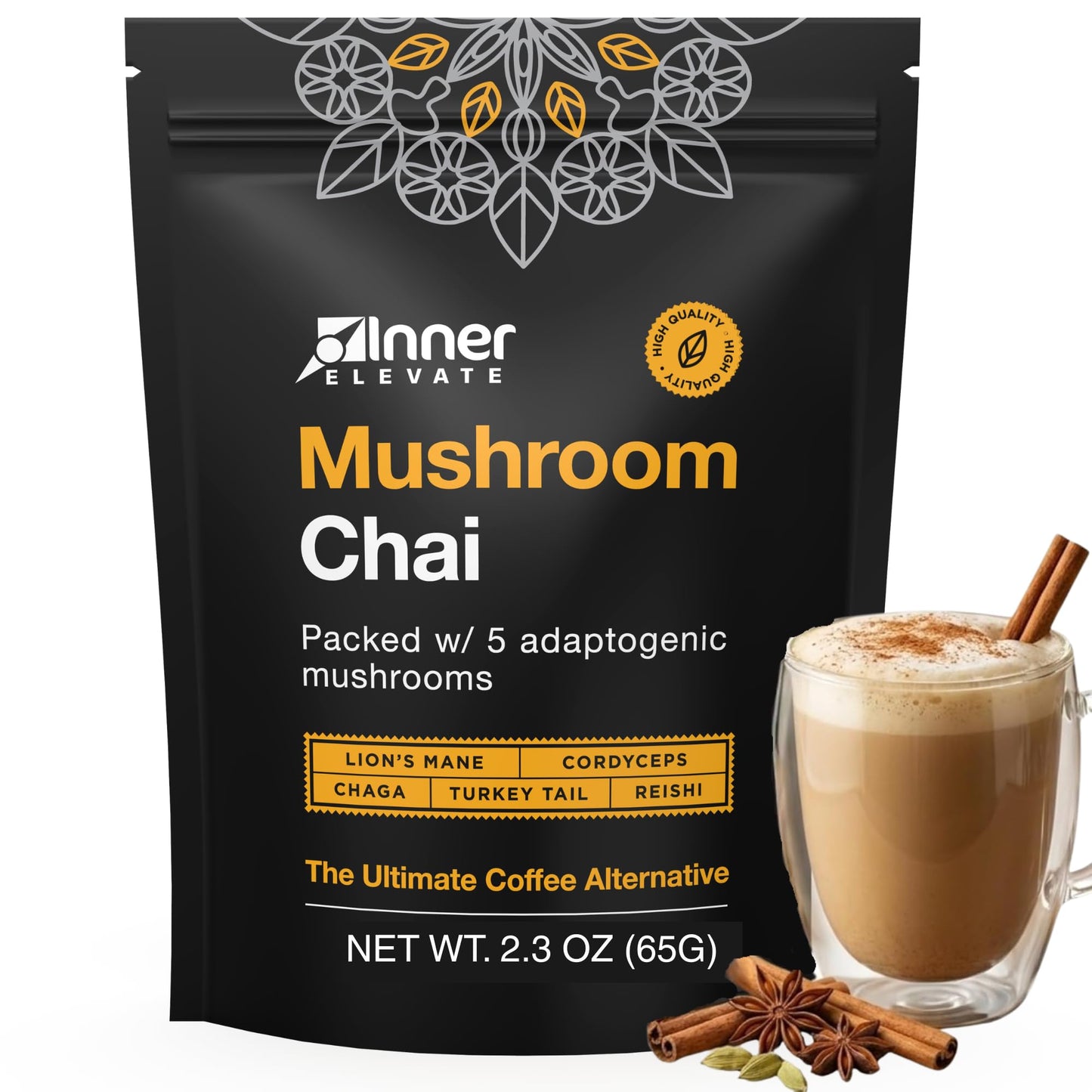 Inner Elevate Superfood Mushroom Chai Powder - Ultimate Coffee Alternative - Adaptogenic Mushroom Tea Drink with Lion's Mane, Cordyceps, Chaga, Reishi, Turkey Tail, 2.0 oz