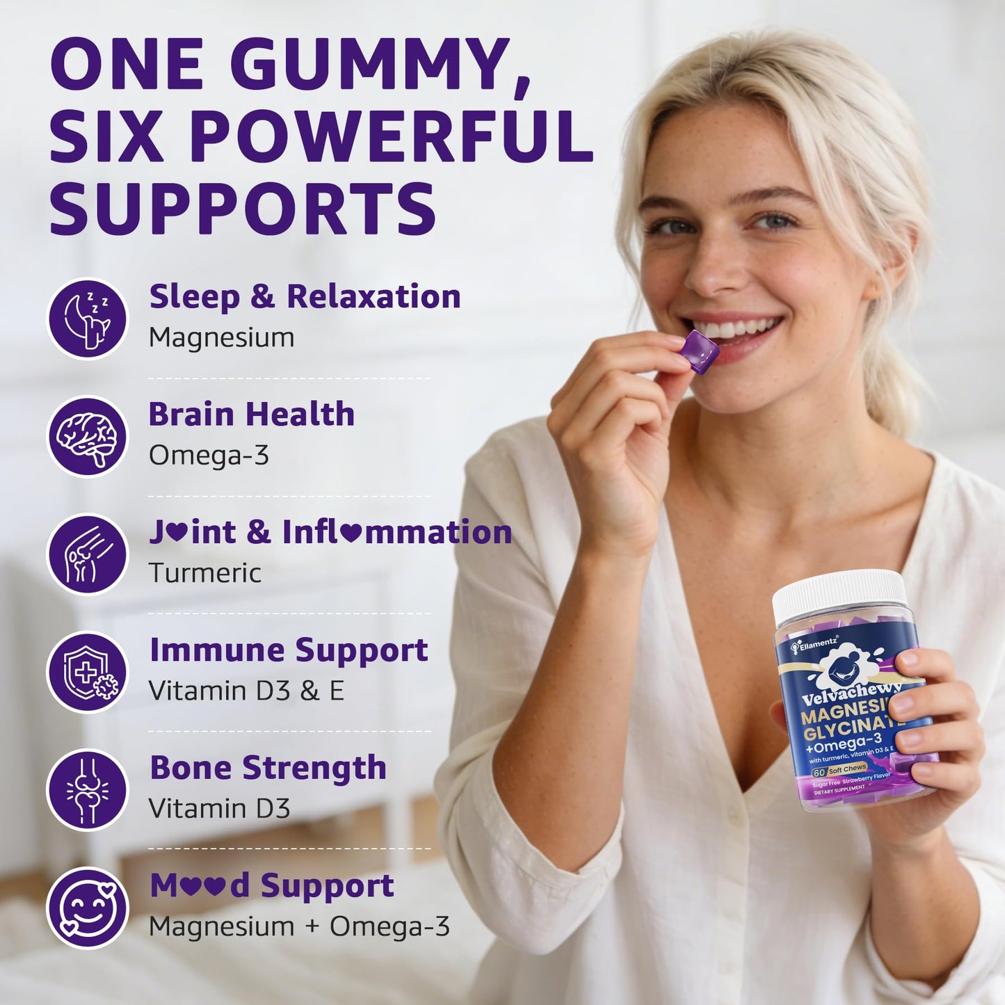 ELLAMENTZ Magnesium Glycinate Gummies 500mg 60 Count