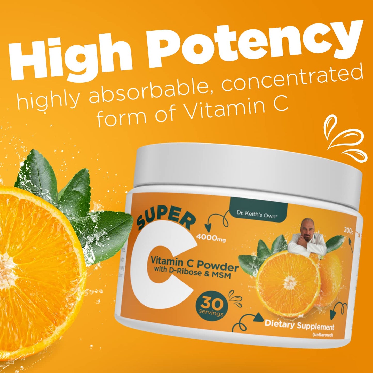 Dr. Keith's Own Buffered Vitamin C Powder 4000mg, Glycine & MSM, 7.05 oz