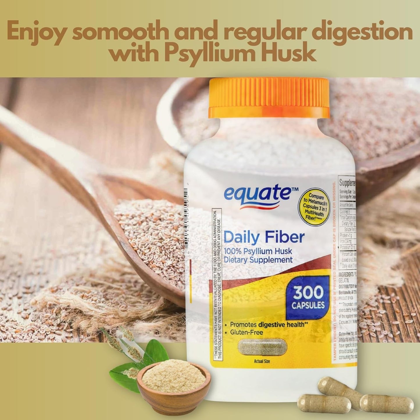 BASKETGOODS Equate Daily Fiber Psyllium Husk Capsules, 300