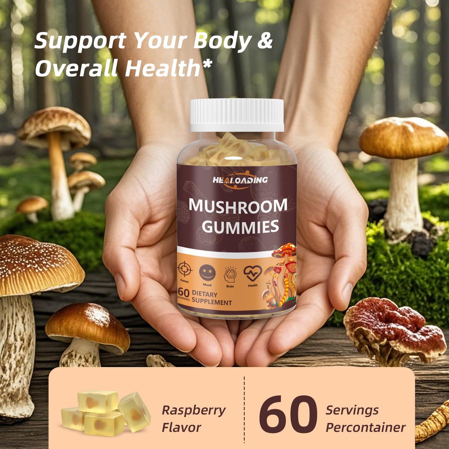 HEALOADING Mushroom Gummies with 10 Functional Mushrooms (Lion's Mane, Reishi, Chaga, Cordyceps & More) for Focus & Energy - Vegan, Non-GMO, 60 Gummies