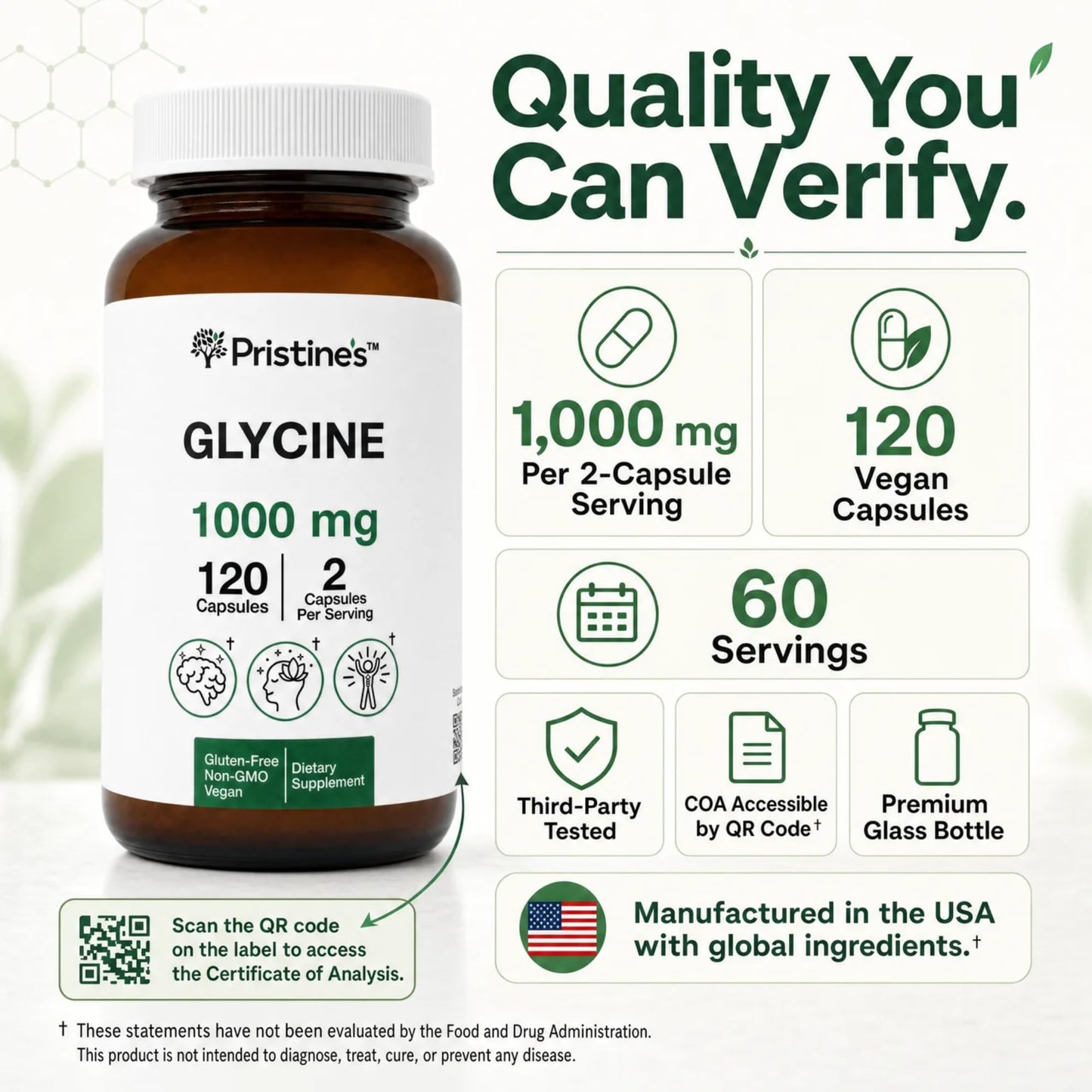 PRISTINE'S Glycine 1000mg Amino Acid, 120 Capsules