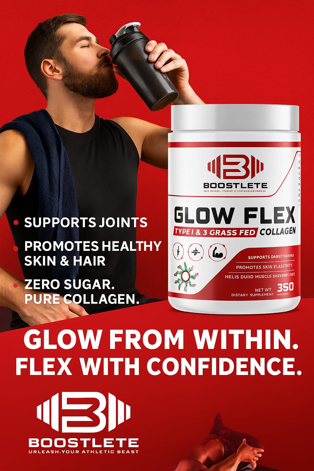 Boostlete GlowFlex Grass-Fed Collagen Peptides Powder 30 Servings