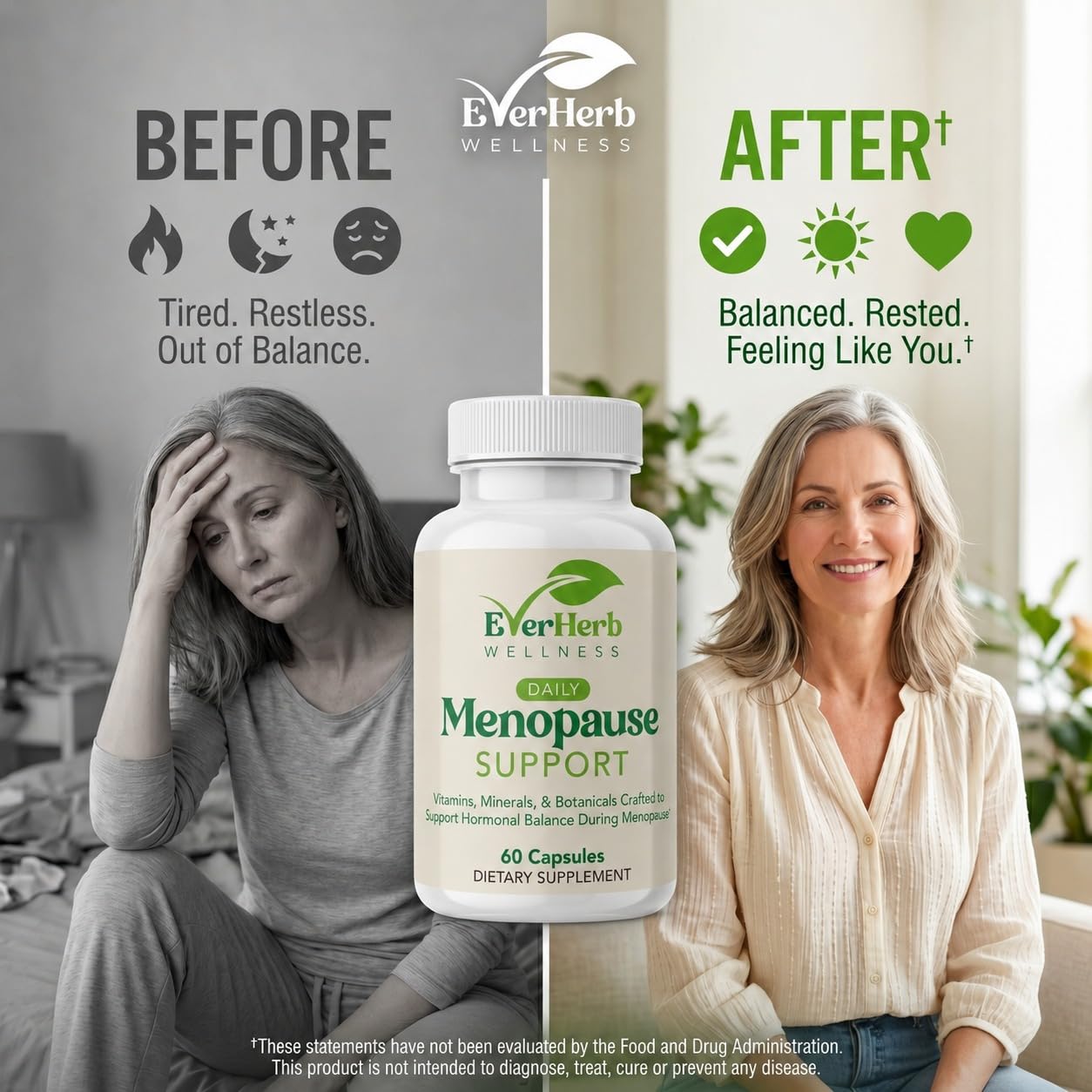 EverHerb Wellness Daily Menopause Supplement for Women - 10-in-1 Botanical Blend with Black Cohosh, Dong Quai, Vitex & Red Clover - Hot Flashes, Night Sweats, Mood & Sleep Support - 60 Capsules