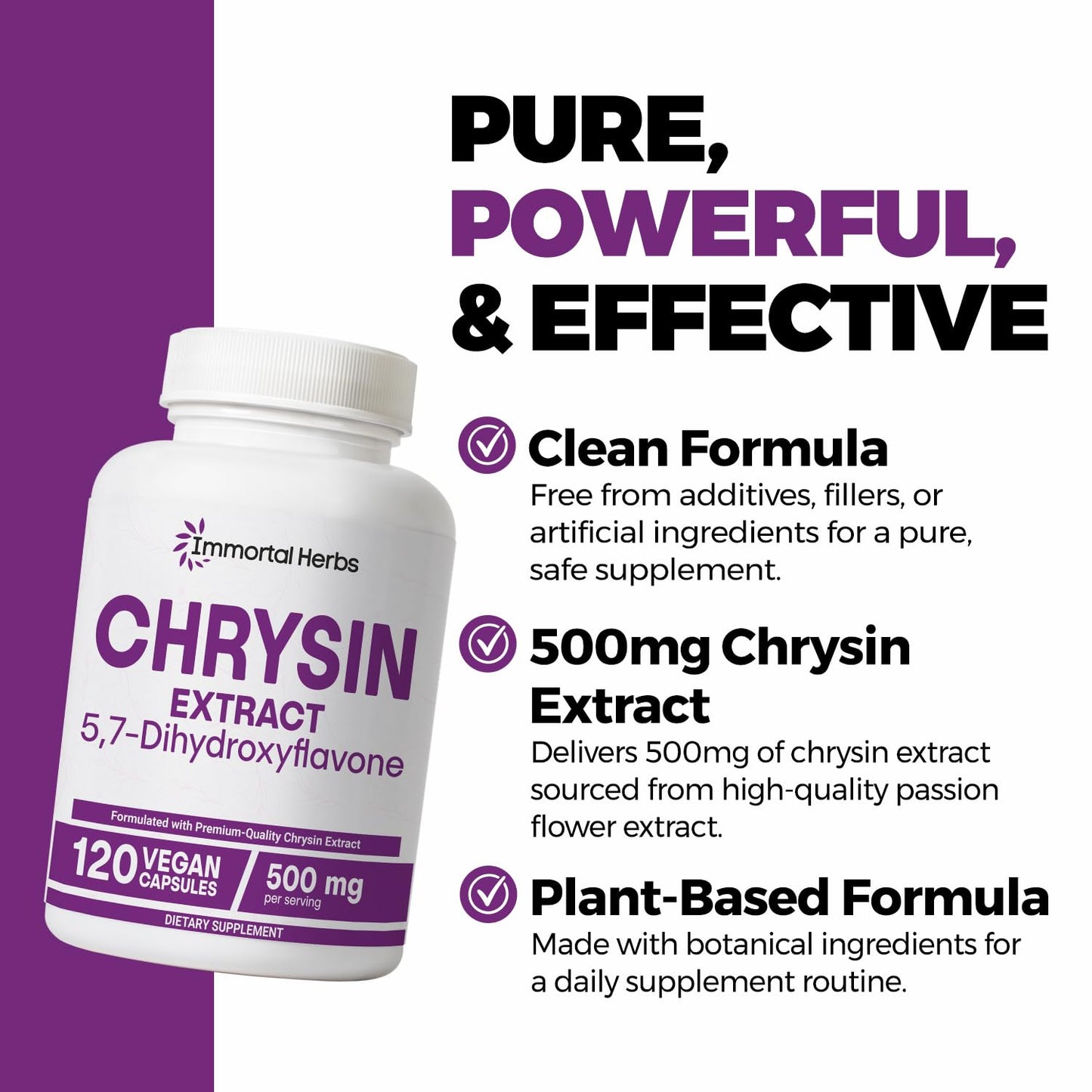 Immortal Herbs Chrysin Supplement 500mg Capsule, 120 Count
