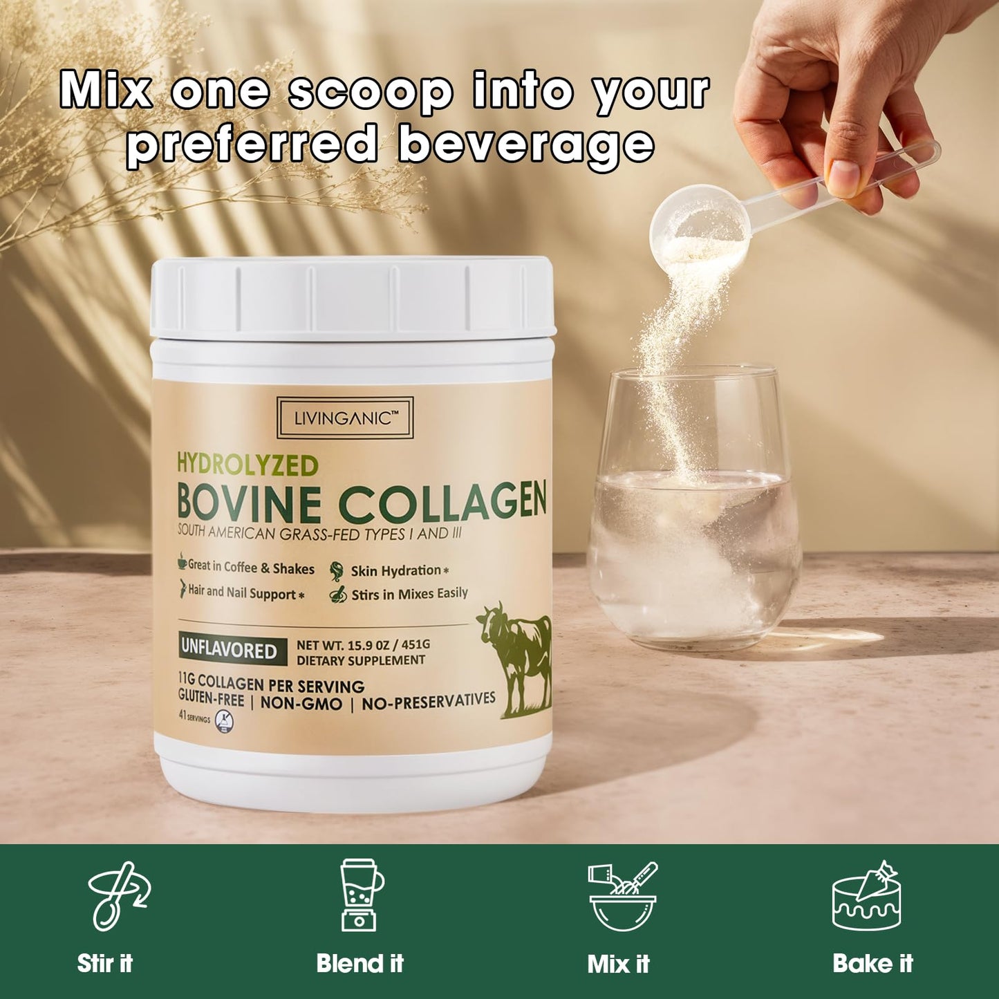 LIVINGANIC Collagen Peptides Powder 15.9 oz