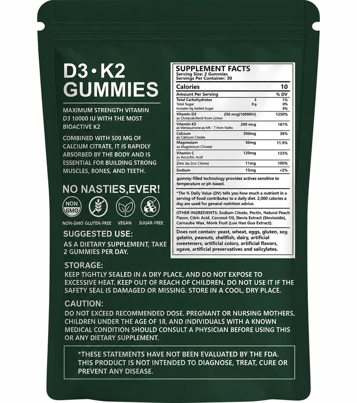 ELV Naturals D3 + K2 Gummies Vitamin D3 10000 IU with K2 MK-7, 60 Gummies