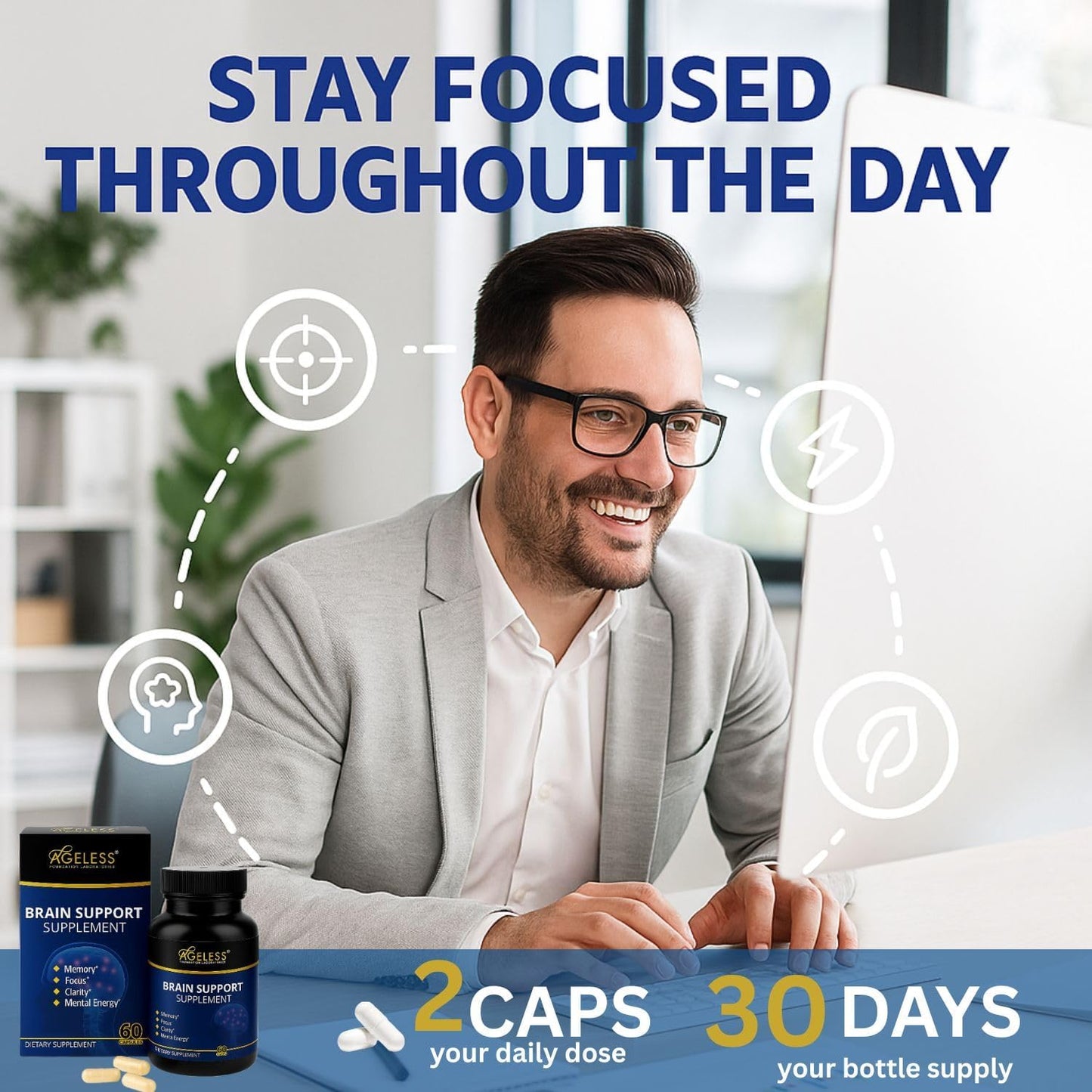 Ageless Foundation Laboratories Ageless Brain Supplement for Memory and Focus Capsule, 60 Capsules