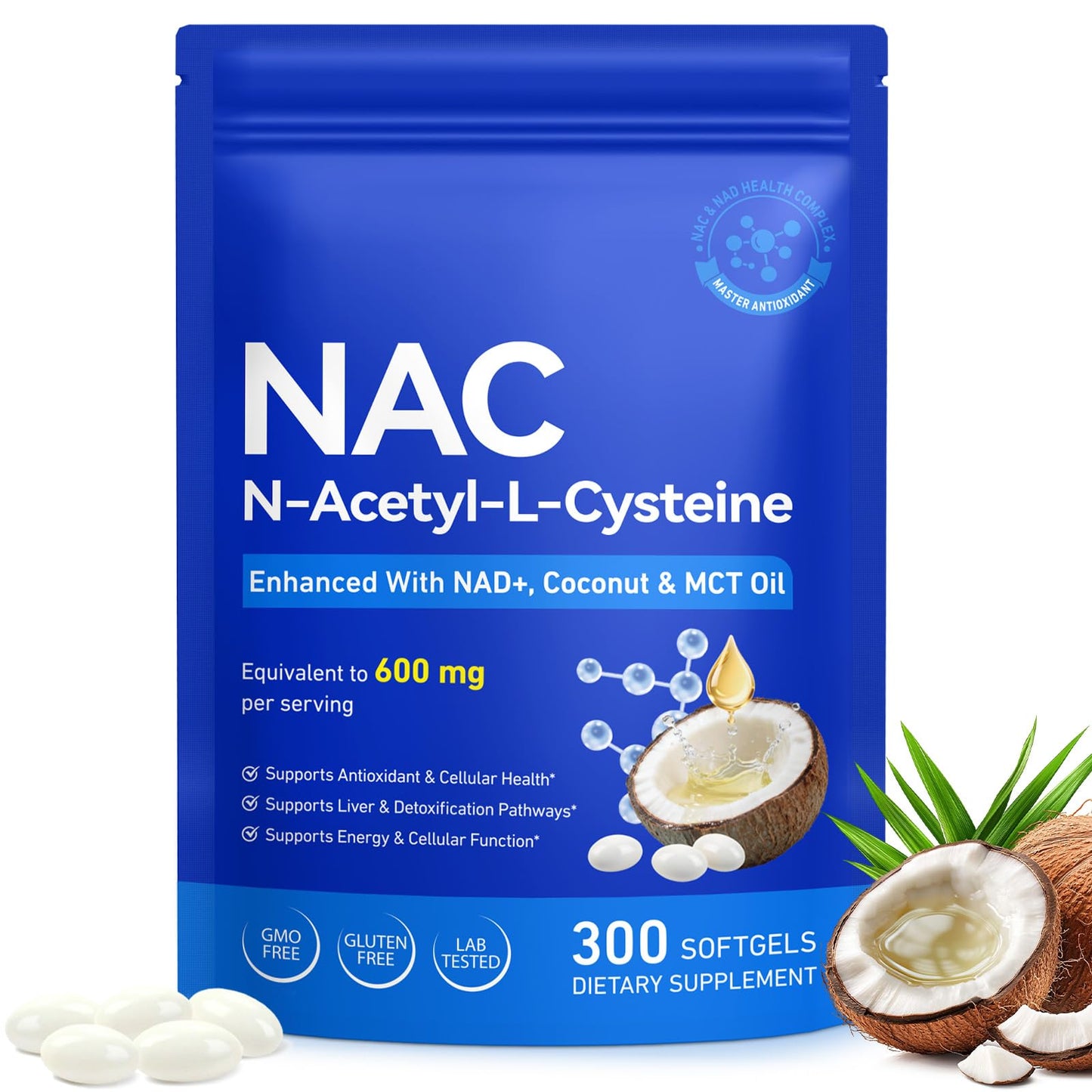 Vawcrn NAC Softgel 600mg NAD+-Enhanced N-Acetyl Cysteine with Coconut & MCT Oil for Superior Absorption, Antioxidant, Liver Detox & Cellular Health, Non-GMO, Gluten-Free, 300 Softgels