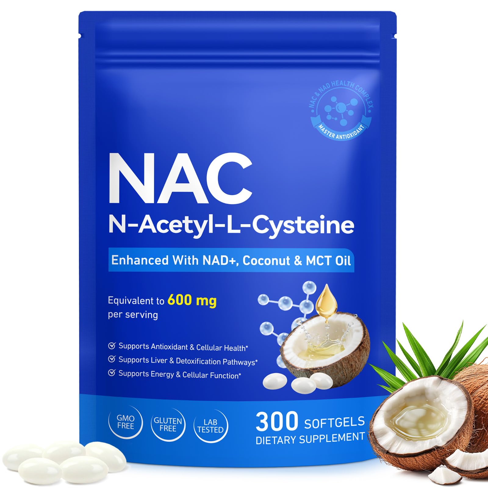 Vawcrn NAC Softgel 600mg NAD+-Enhanced N-Acetyl Cysteine with Coconut & MCT Oil for Superior Absorption, Antioxidant, Liver Detox & Cellular Health, Non-GMO, Gluten-Free, 300 Softgels