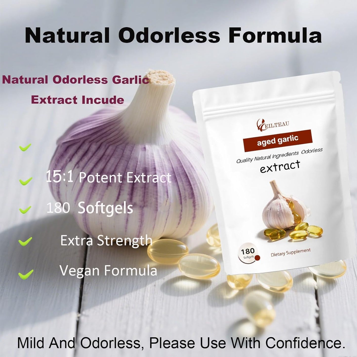 EILTEAU Aged Garlic Extract Odorless Softgels 180 Count