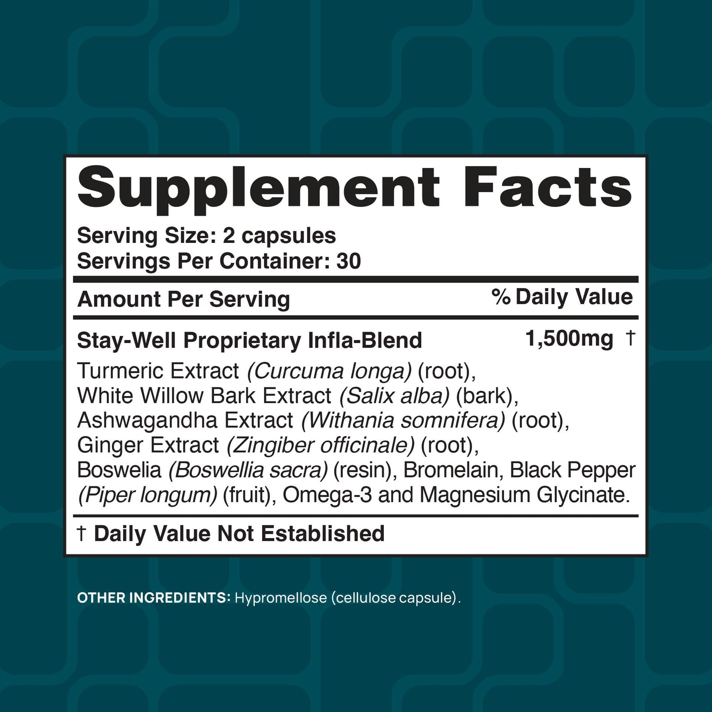 Stay-Well Naturals Infla-1500 All-Natural Relief Supplement Extract Blend with Turmeric, White Willow Bark, Ashwagandha, Ginger, Boswellia, Bromelain, Omega-3 and Magnesium, 60 Capsules