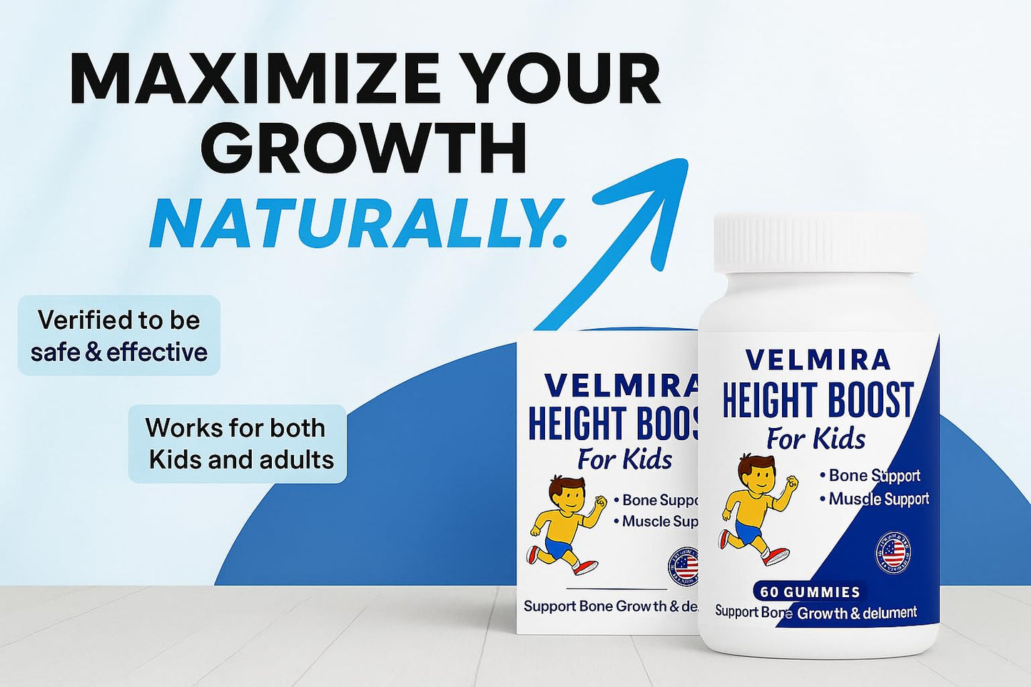 Velmira Heightener Gummies for Bone Health & Development Support – Essential Vitamins & Minerals, Easy-to-Chew Gummies for Kids, Teens & Adults (Ages 5+), 60 Gummies