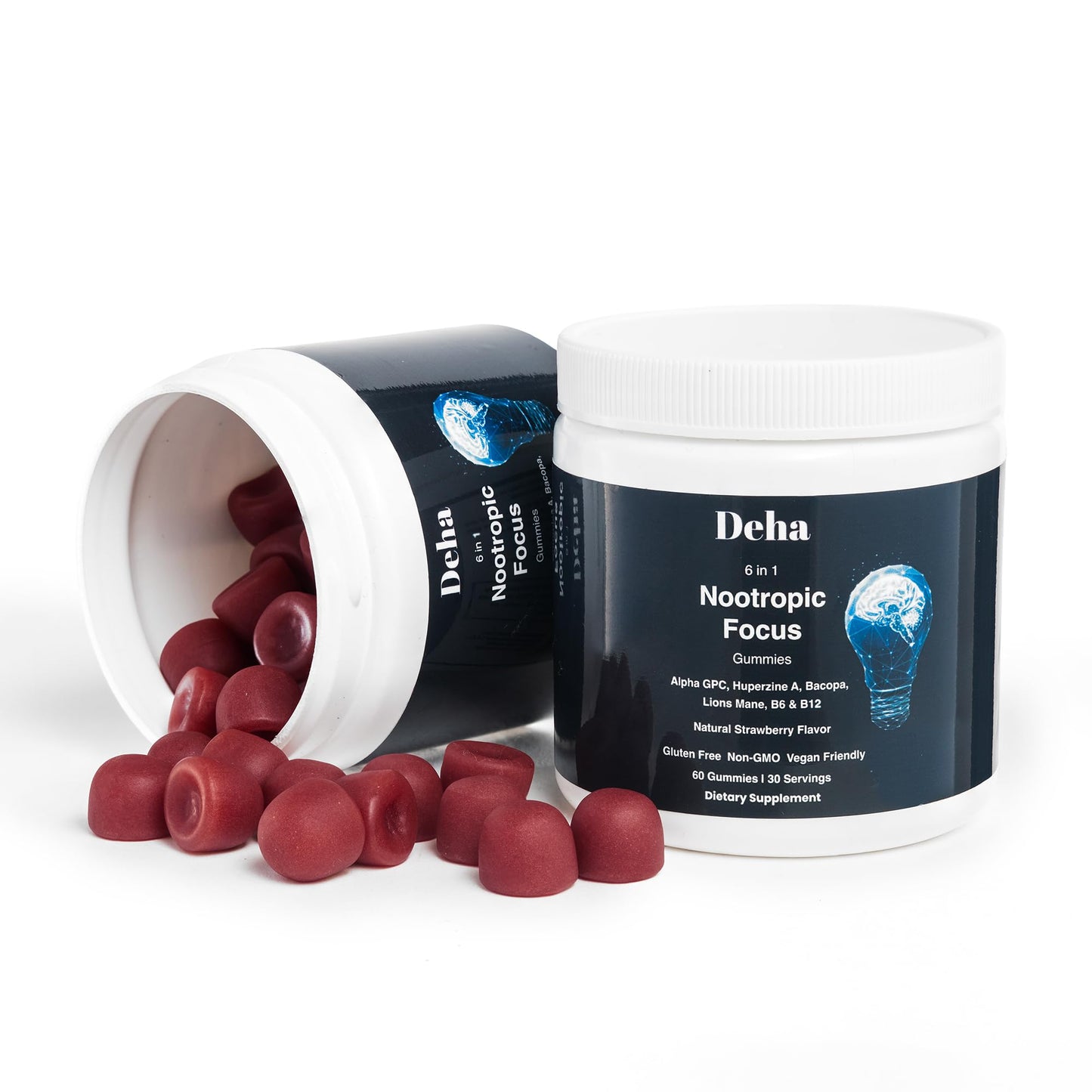 Deha Focus Gummies Nootropic Brain Supplement with Vitamin B6, Vitamin B12, Alpha GPC, Huperzine A, Bacopa Monnieri, Lions Mane Mushroom, 60 Gummies