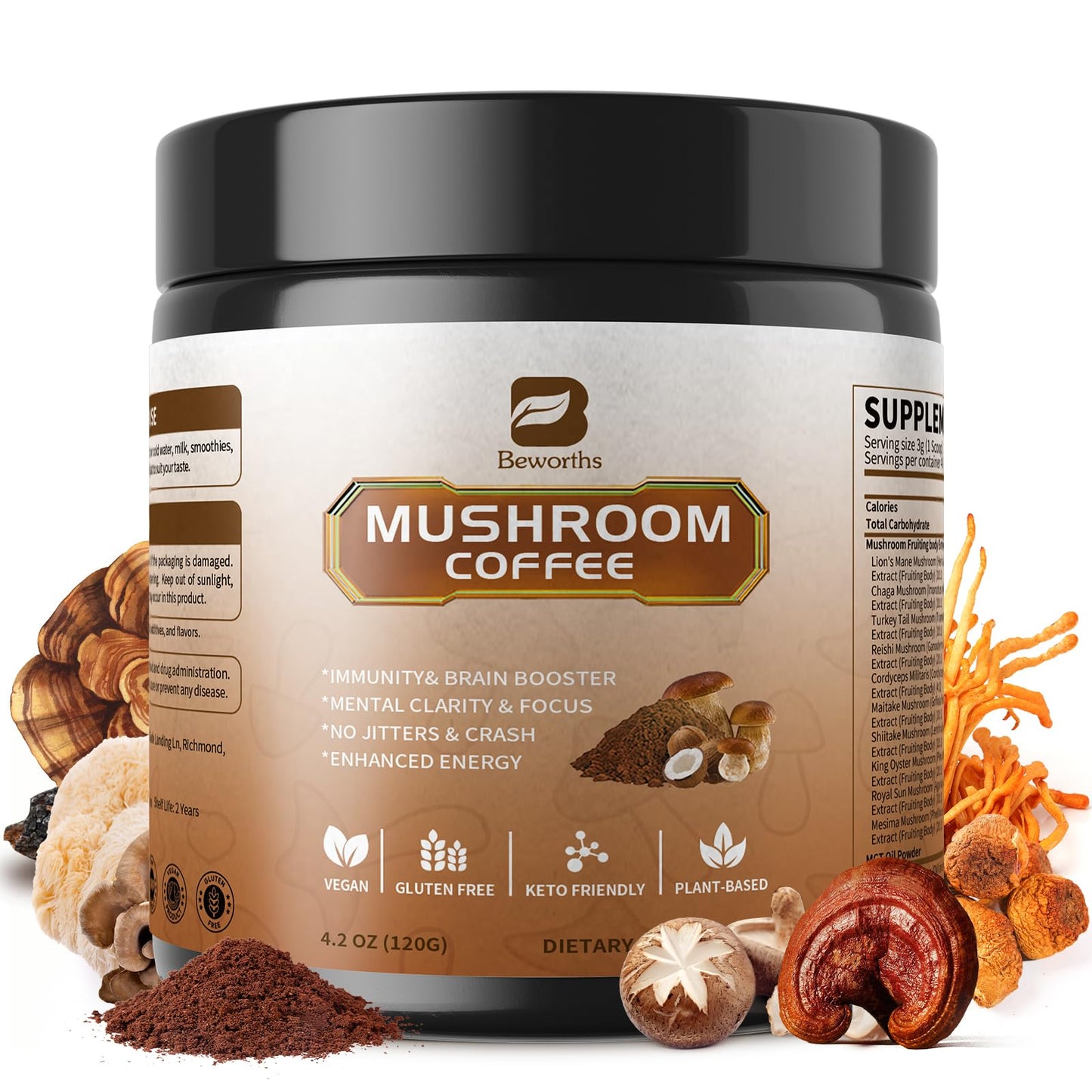 B BEWORTHS Mushroom Coffee Powder - 10 Adaptogenic Mushrooms, Low Roast, 4.23 oz