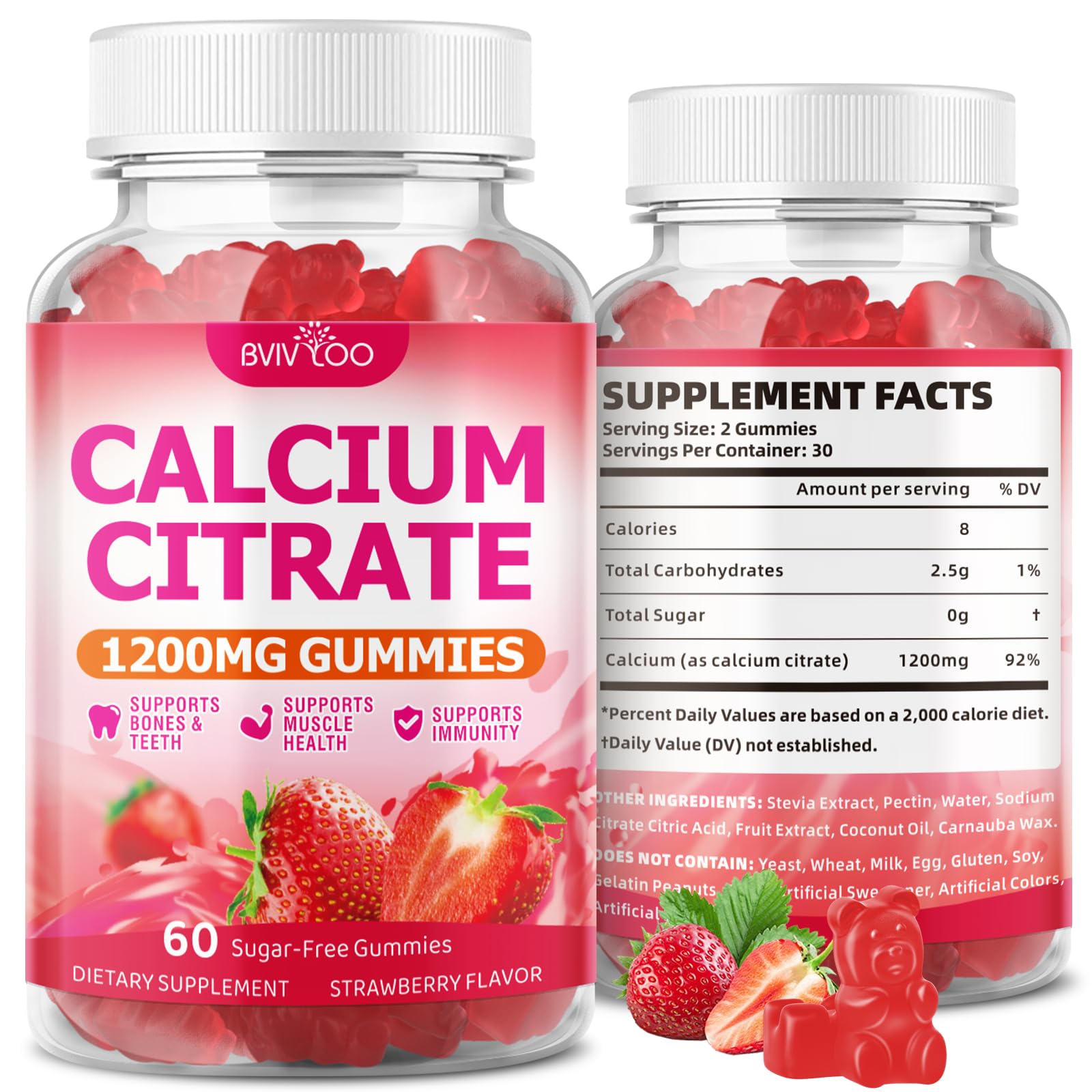 BVIVLOO High Absorption Calcium Citrate Gummies 1200mg, 60 Count
