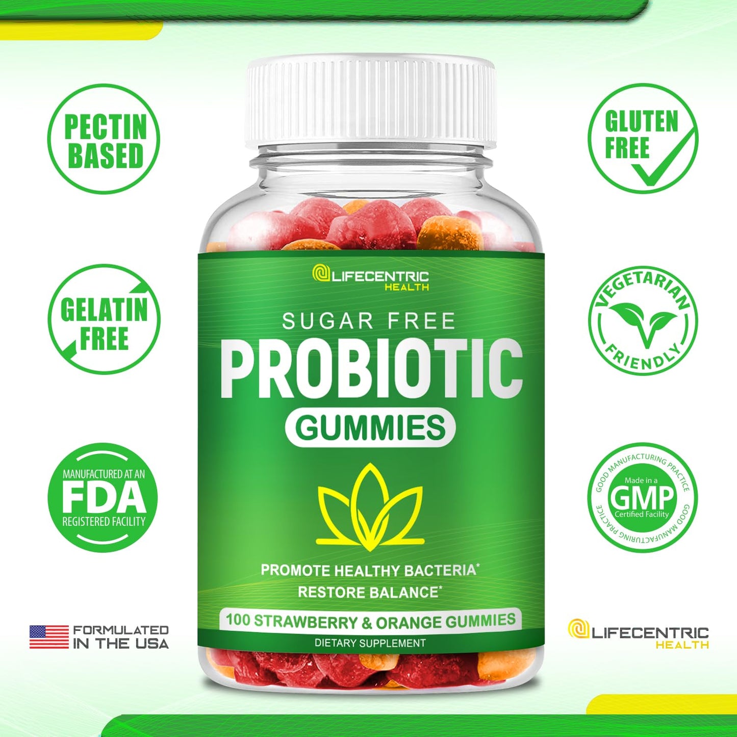 LifeCentric Health Probiotic Gummies Max Strength 5 Billion CFU Gummy 100 Count