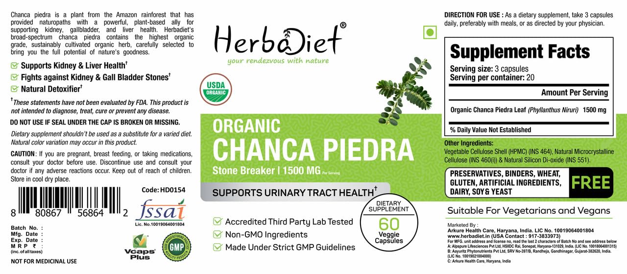 Herbadiet Organic Stone Breaker Chanca Piedra 400mg Capsules, 60 Capsules