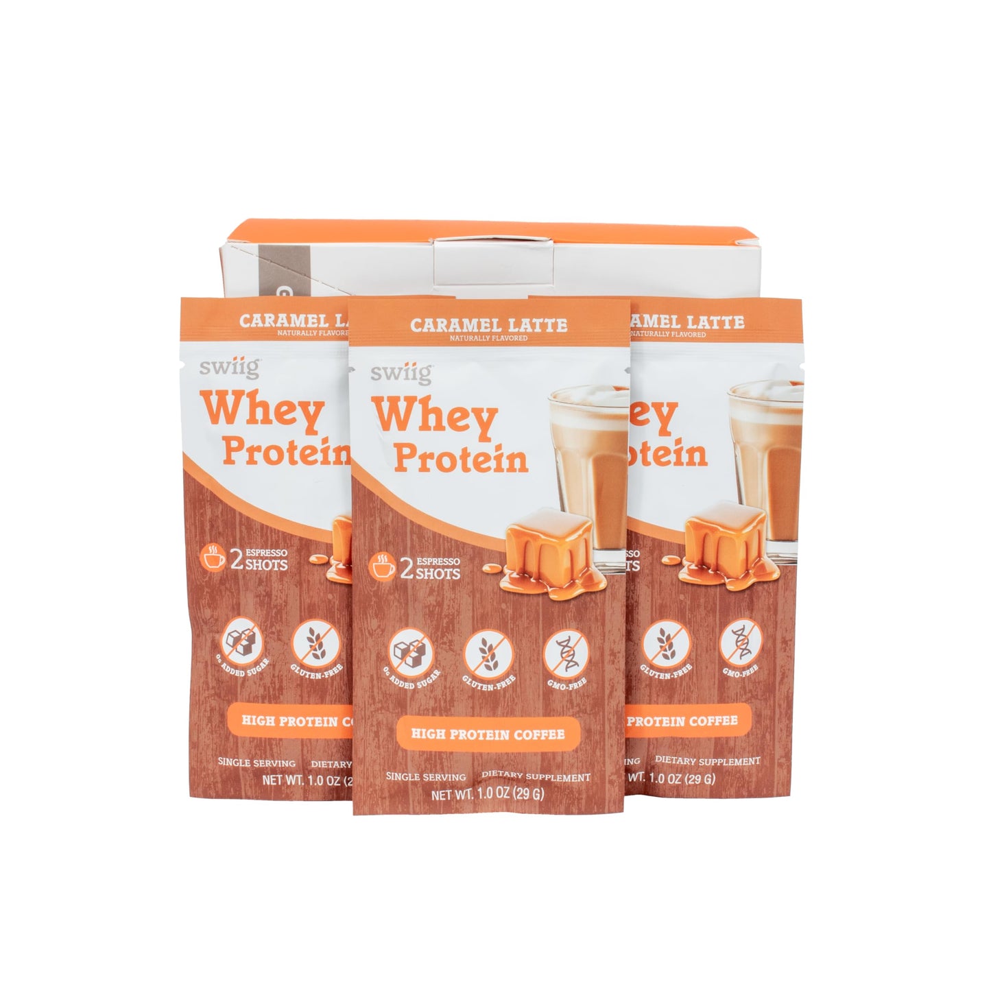 swiig Whey Protein Powder Caramel Latte Single-Serve Packets, 10 Count
