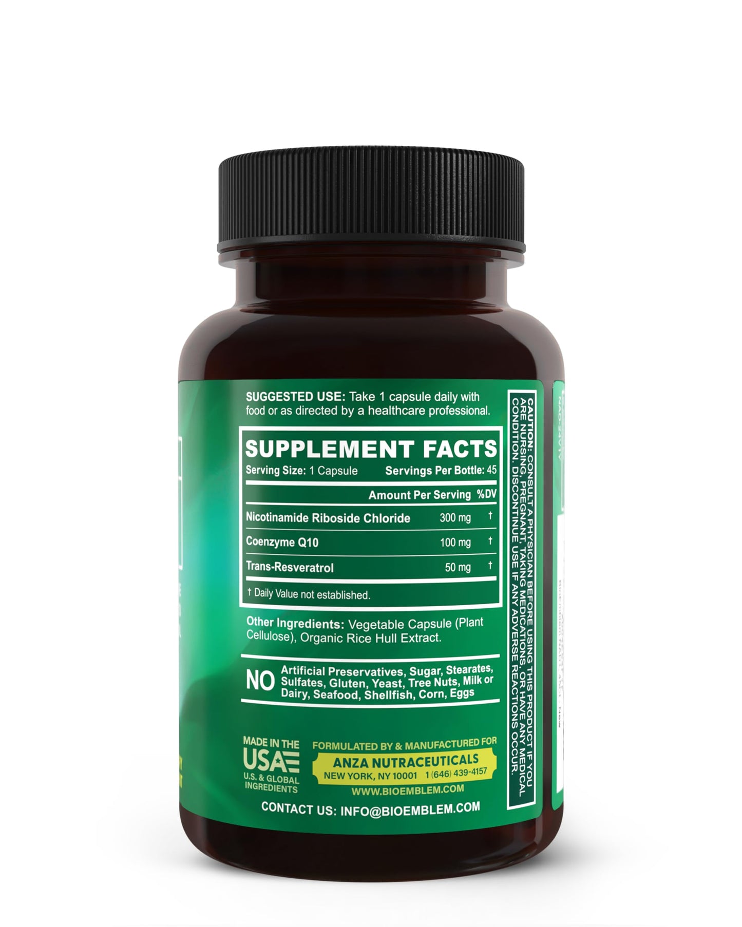 BioEmblem NAD+ Supplement with 300 mg Nicotinamide Riboside, CoQ10 & Resveratrol, 45 Capsules