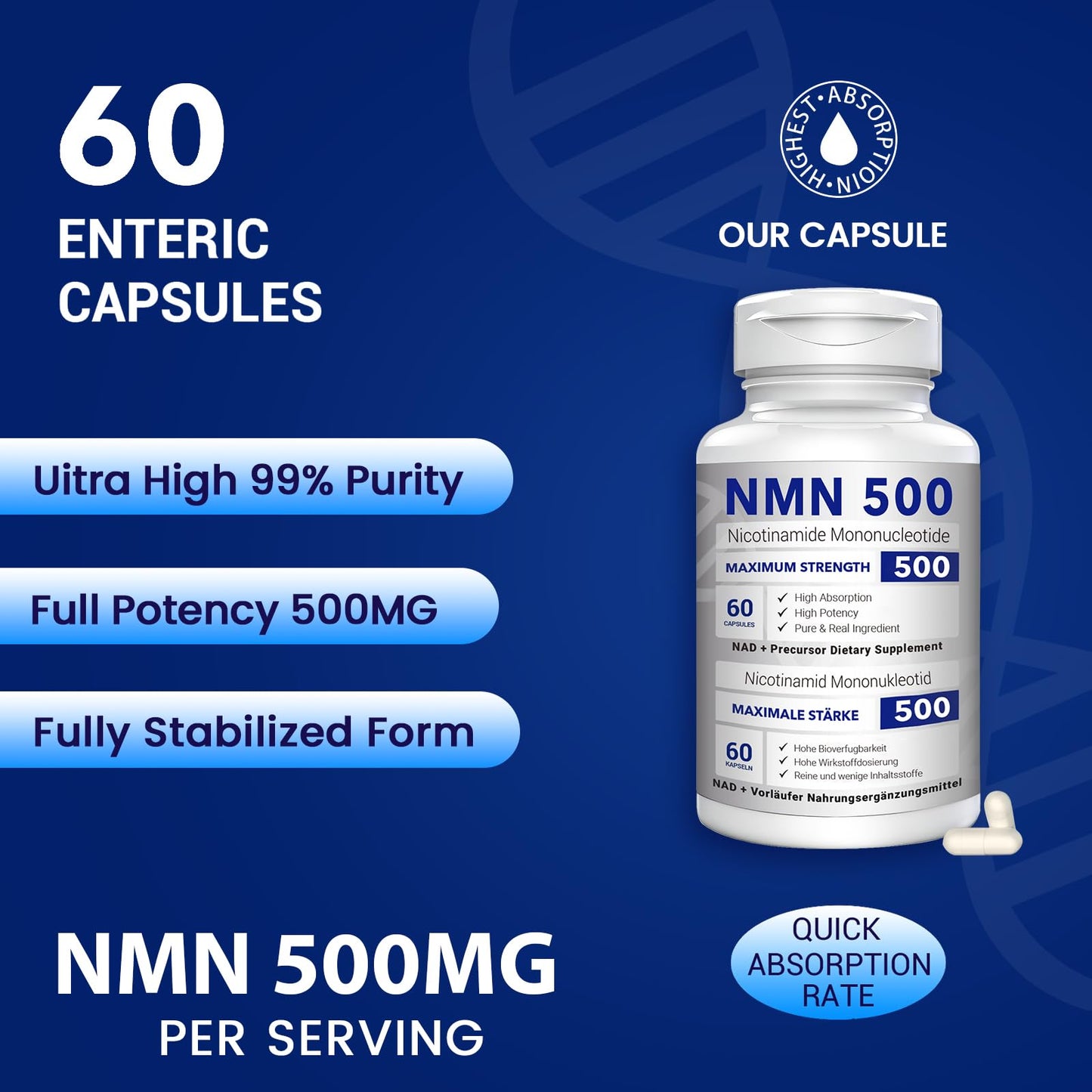CFUKING NMN 500mg Nicotinamide Mononucleotide Veggie Capsules, 60 Capsules