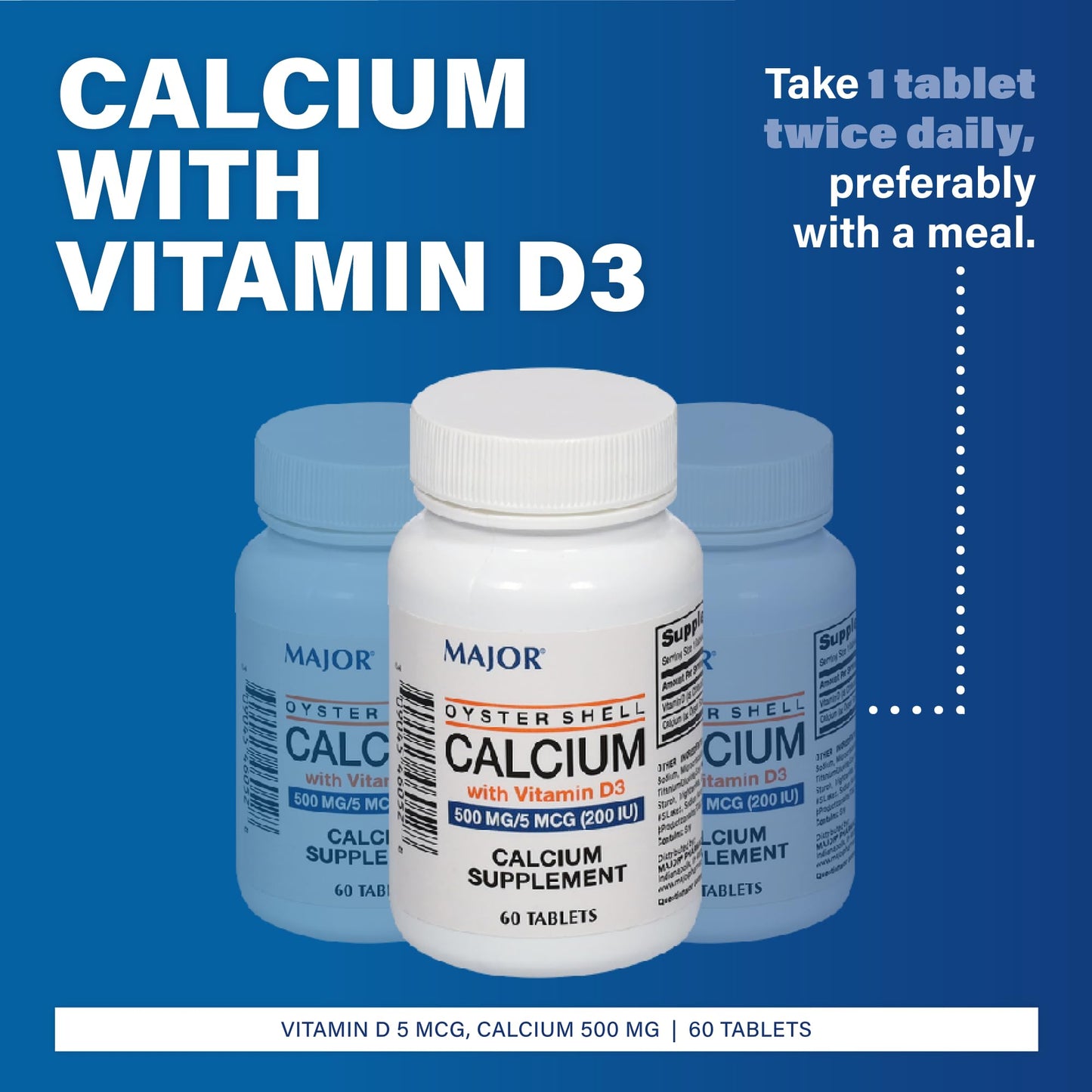 MAJOR Oyster Shell Calcium with Vitamin D3 500 mg / 5 mcg (200 IU) Calcium Supplement Tablet, 60 Tablets