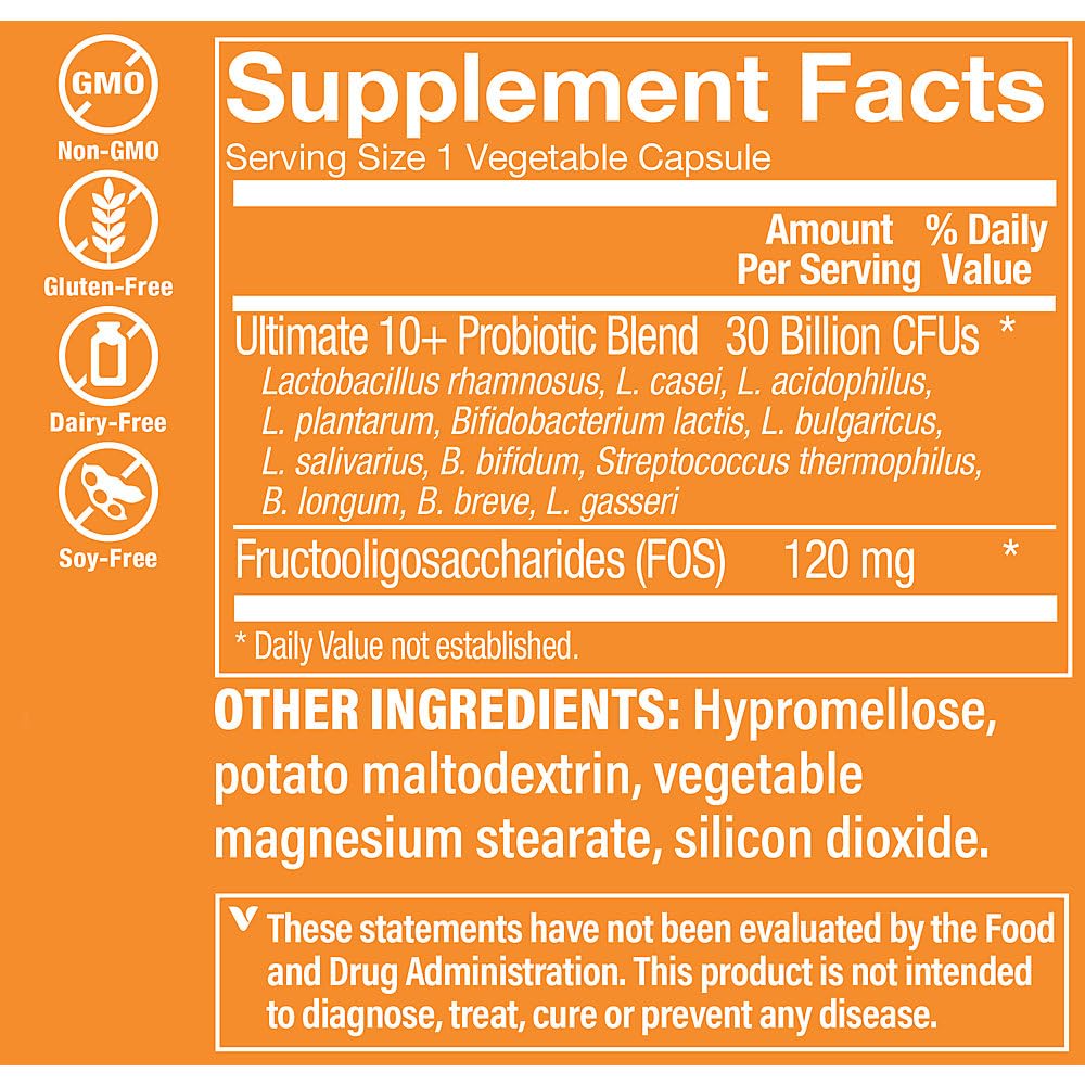 The Vitamin Shoppe Ultimate 10+ Probiotics 30 Billion CFU - 10 Probiotic Strains for Digestive Health, Immune & Gut Support, 30 Vegetable Capsules