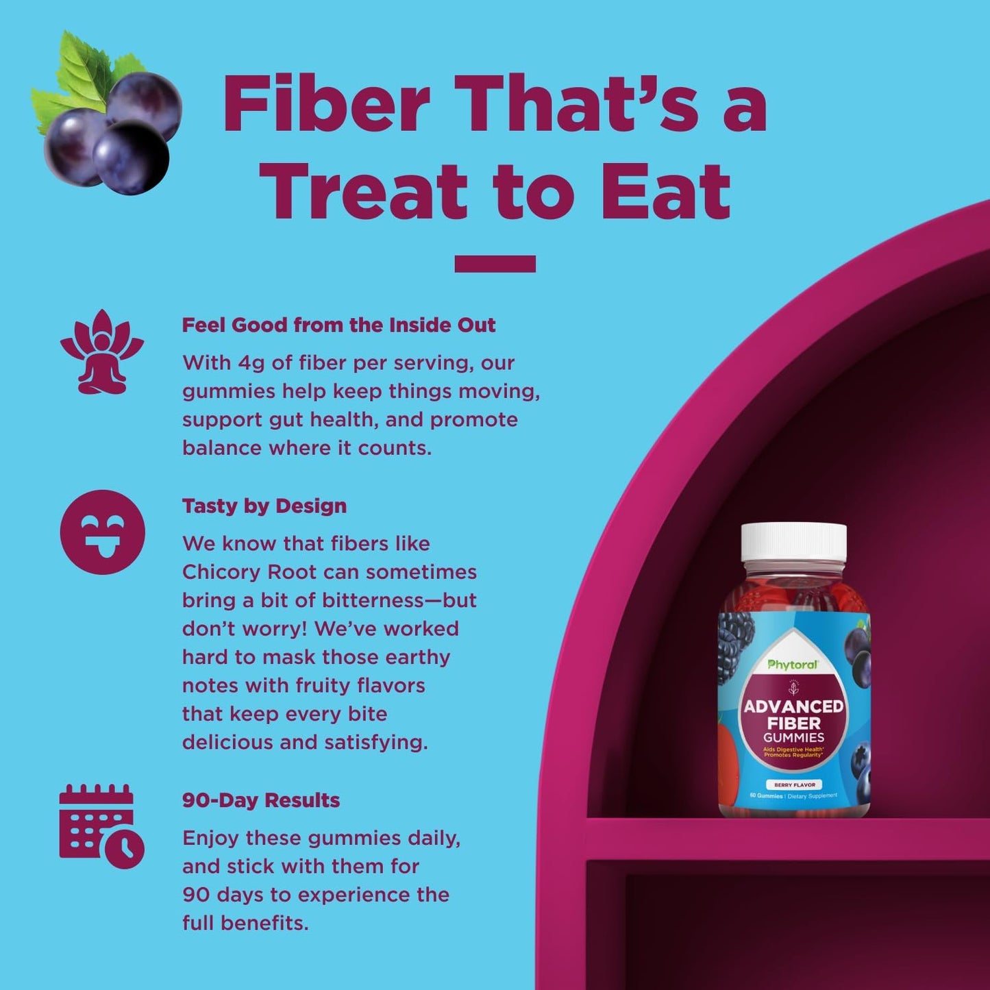 Phytoral Advanced Fiber Gummies for Adults with Chicory Root, Prebiotic Support & Coconut Oil for Gut & Digestive Health, 60 Gummies