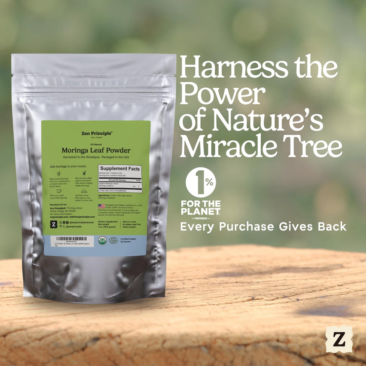 Zen Principle Moringa Oleifera Leaf Powder Premium Organic, 32 Ounces