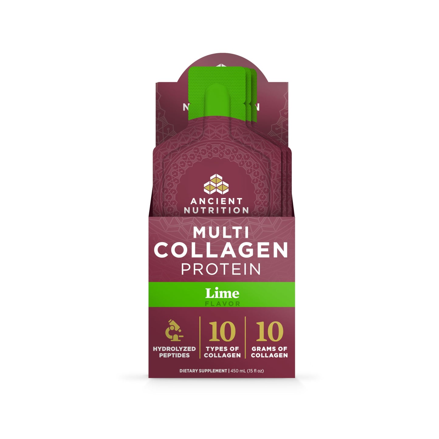 Ancient Nutrition Multi Collagen Protein Powder with Probiotics & Vitamin C, Hydrolyzed Collagen Peptides for Skin, Hair, Nails, Joints & Gut Health, Lime, 15 Packets