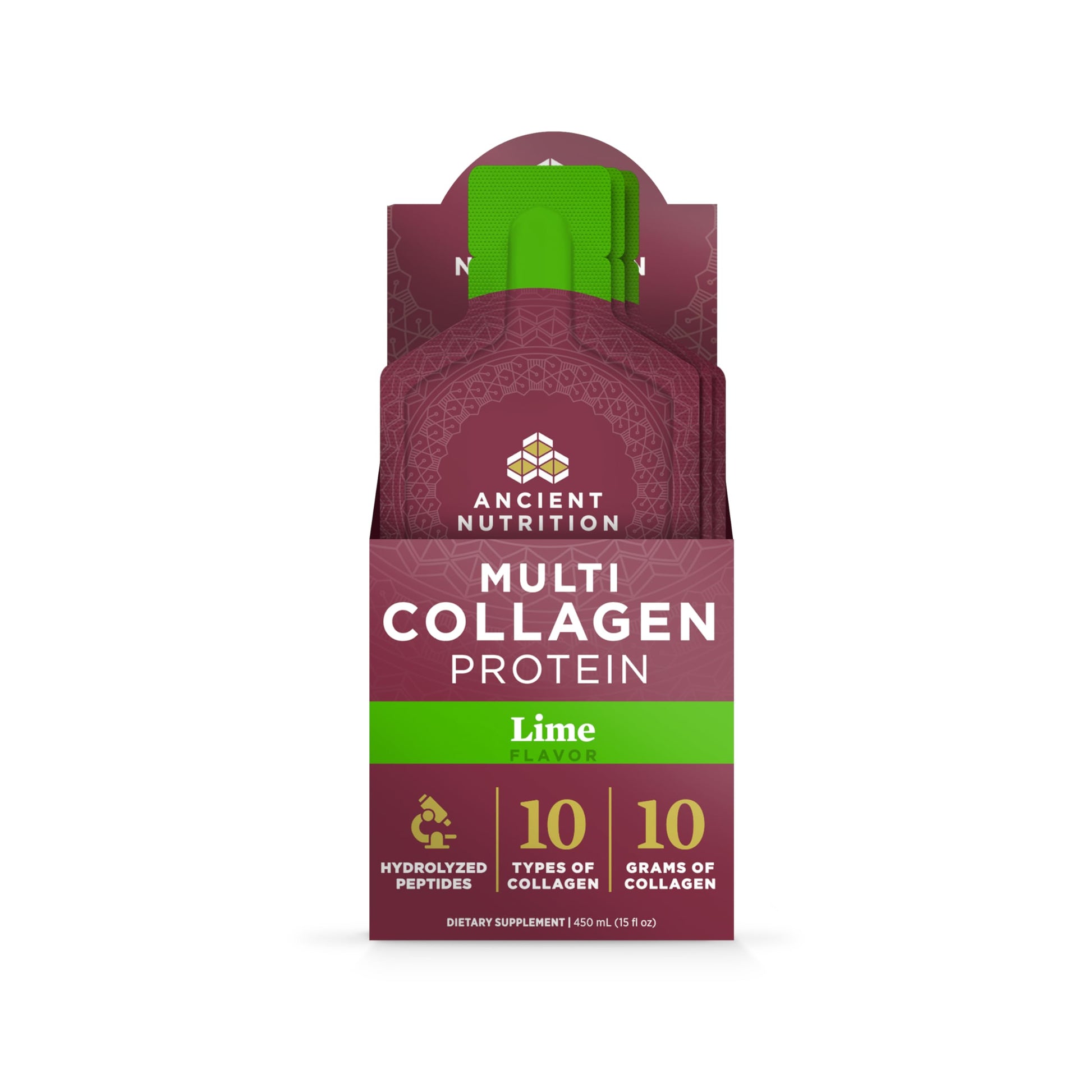 Ancient Nutrition Multi Collagen Protein Powder with Probiotics & Vitamin C, Hydrolyzed Collagen Peptides for Skin, Hair, Nails, Joints & Gut Health, Lime, 15 Packets