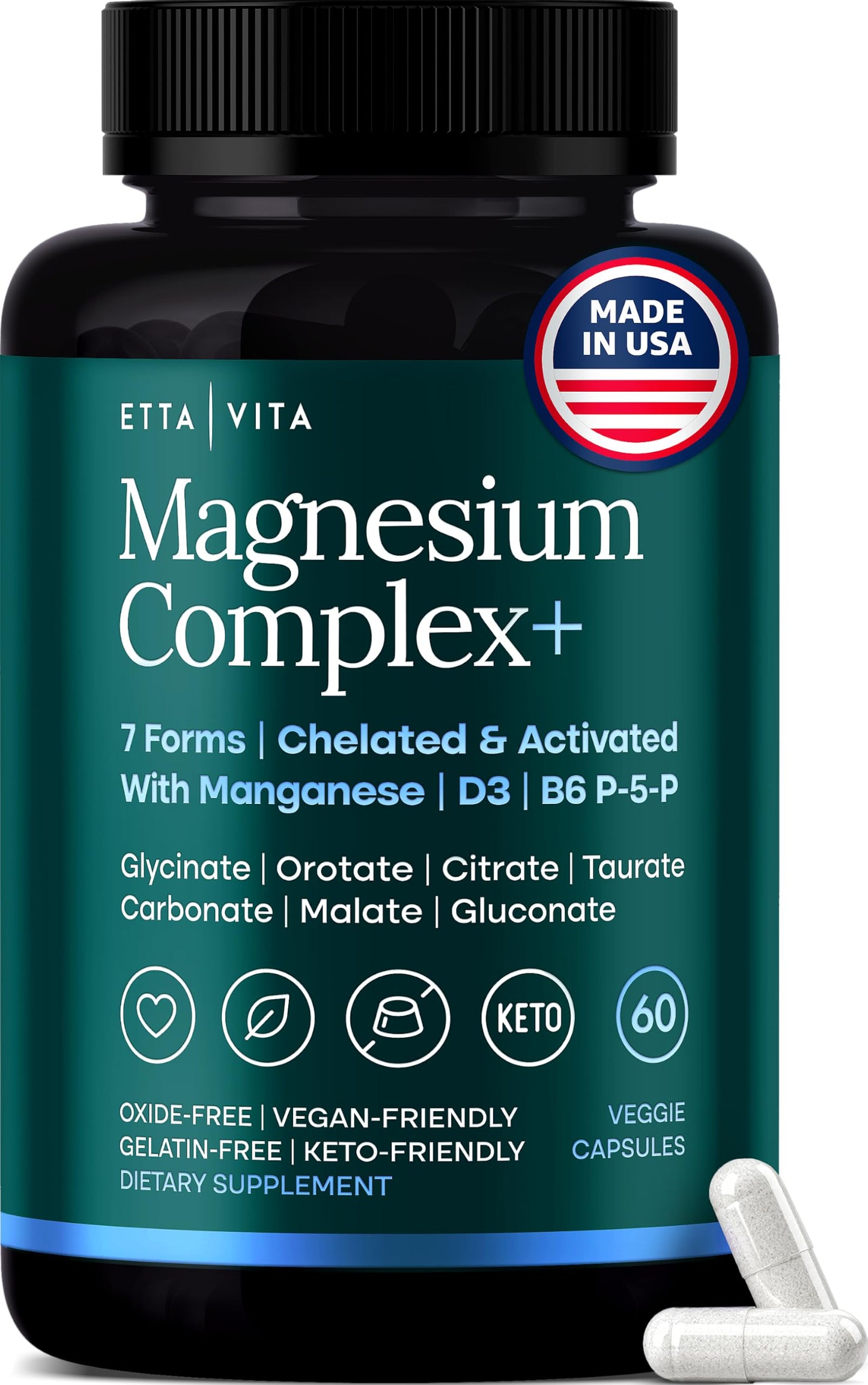 Etta Vita Magnesium Complex for Women & Men 500mg (7-in-1) Magnesium Glycinate with Vegan D3, B6, and Manganese, Capsules, 60 Count