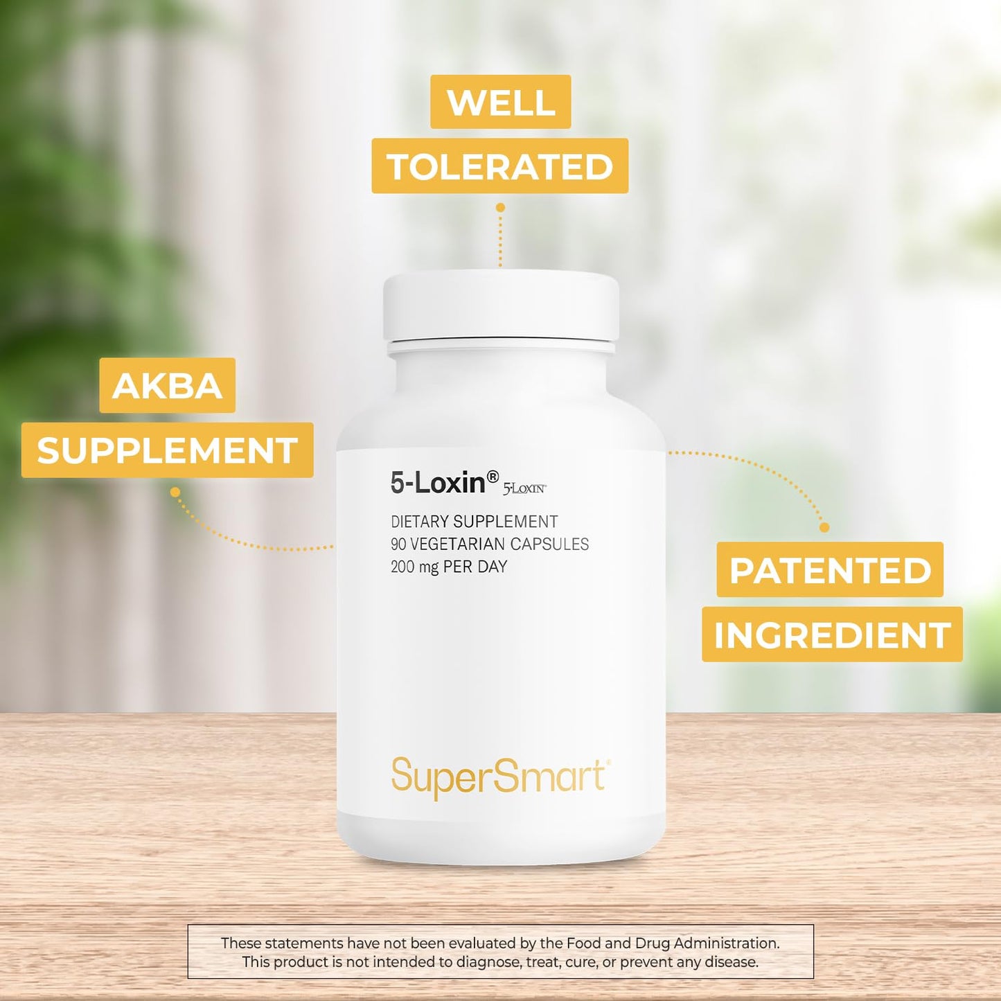 Supersmart 5-Loxin 200mg per Day (Patented) AKBA Supplement - 5-Loxin Boswellia Serrata Extract, Non-GMO & Gluten Free, Capsules, 90 Count