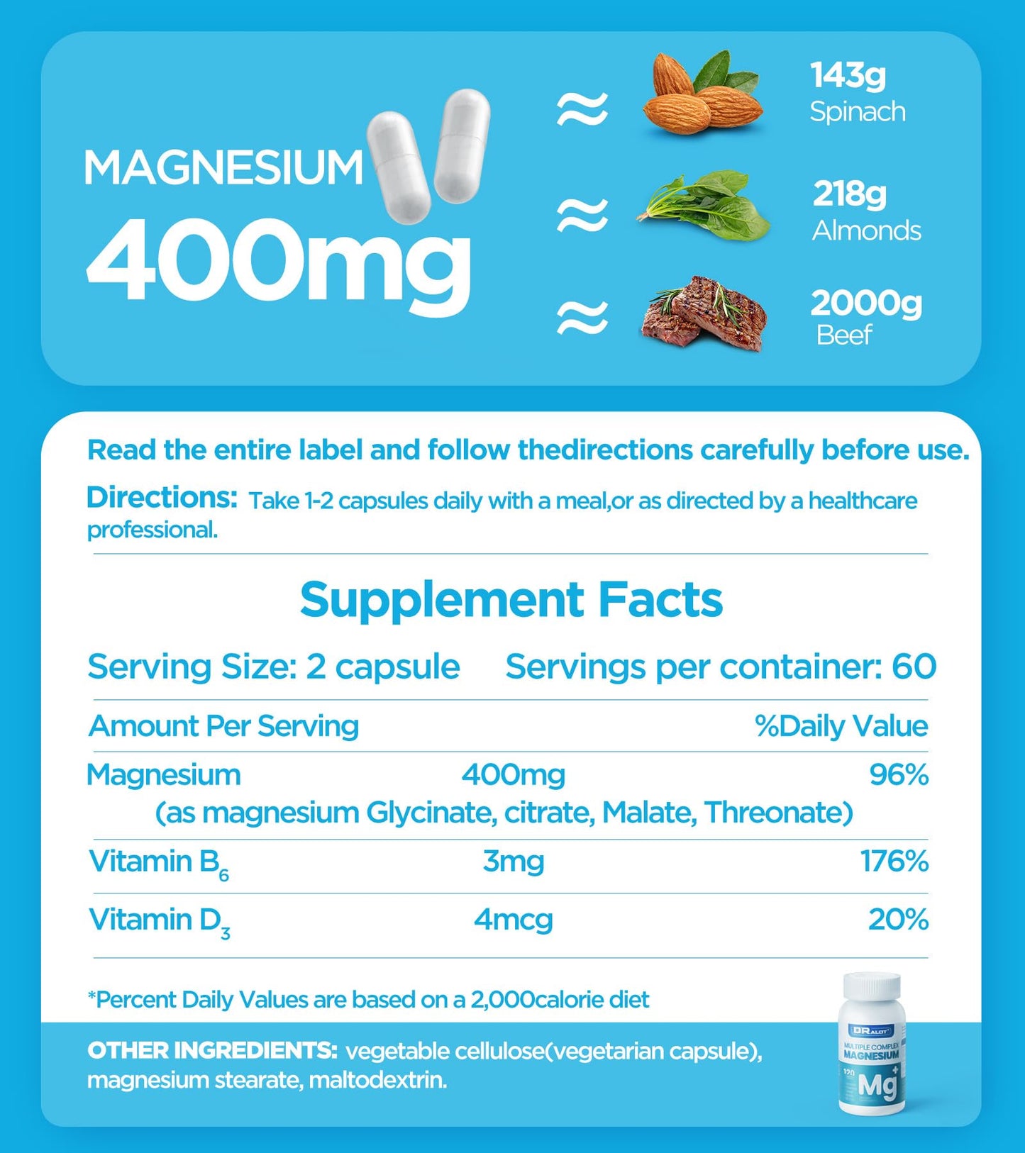 Dralot Nutrition Quadruple Magnesium Capsule, 400mg Chelated Magnesium Glycinate, L-Threonate, Citrate & Malate with Vitamin D3 & B6, Non-GMO, 120 Capsules