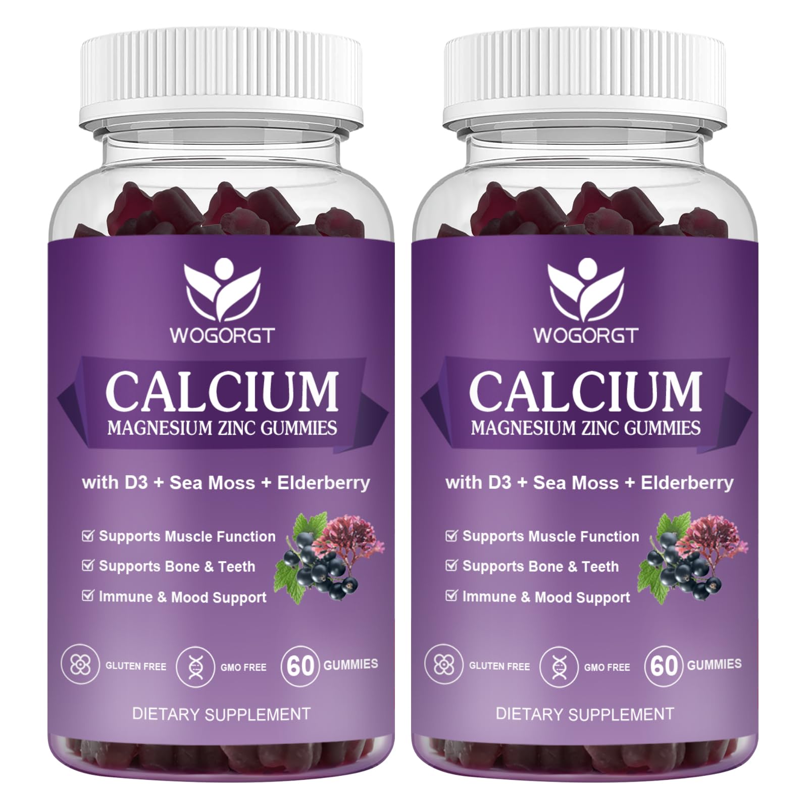 WOGORGT Calcium Magnesium Zinc Gummies with Vitamin D3 - High Absorption Complex Calcium Supplement with Sea Moss, Elderberry for Bone, Muscles, Immune, Mood & Sleep Support, Vegan, 120 Gummies