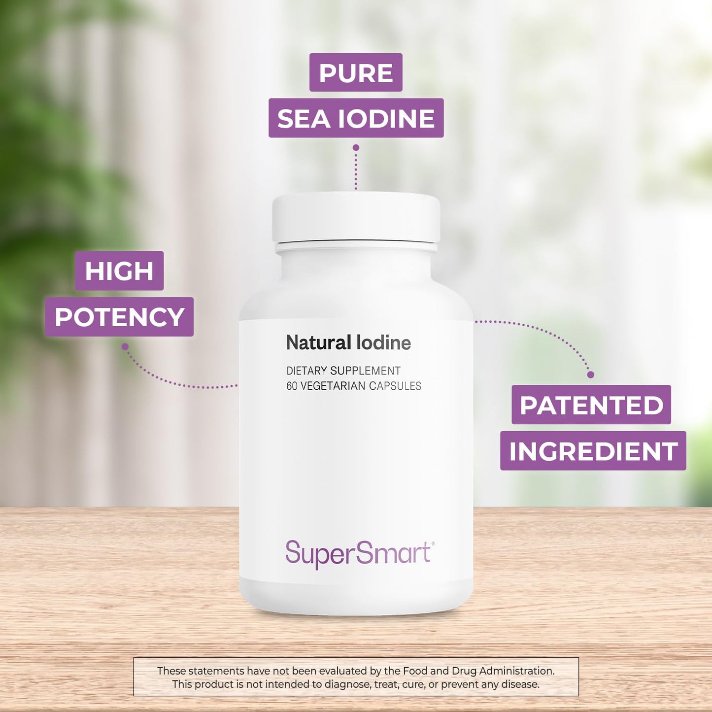 Supersmart Natural Iodine 1000 mg Per Day - Standardized to 650 ppm of Iodine - Thyroid & Healthy Nervous System Support Supplement, 60 Capsules