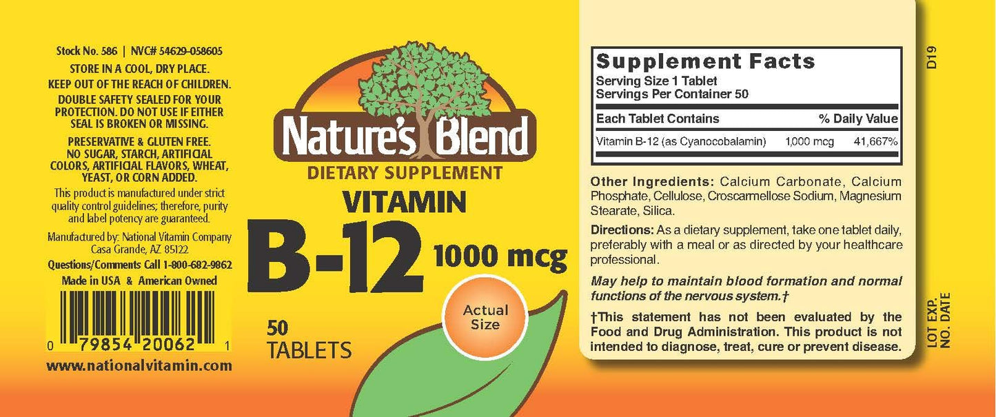 Nature's Blend Vitamin B12 Tablets 1000 mcg, 50 Tablets