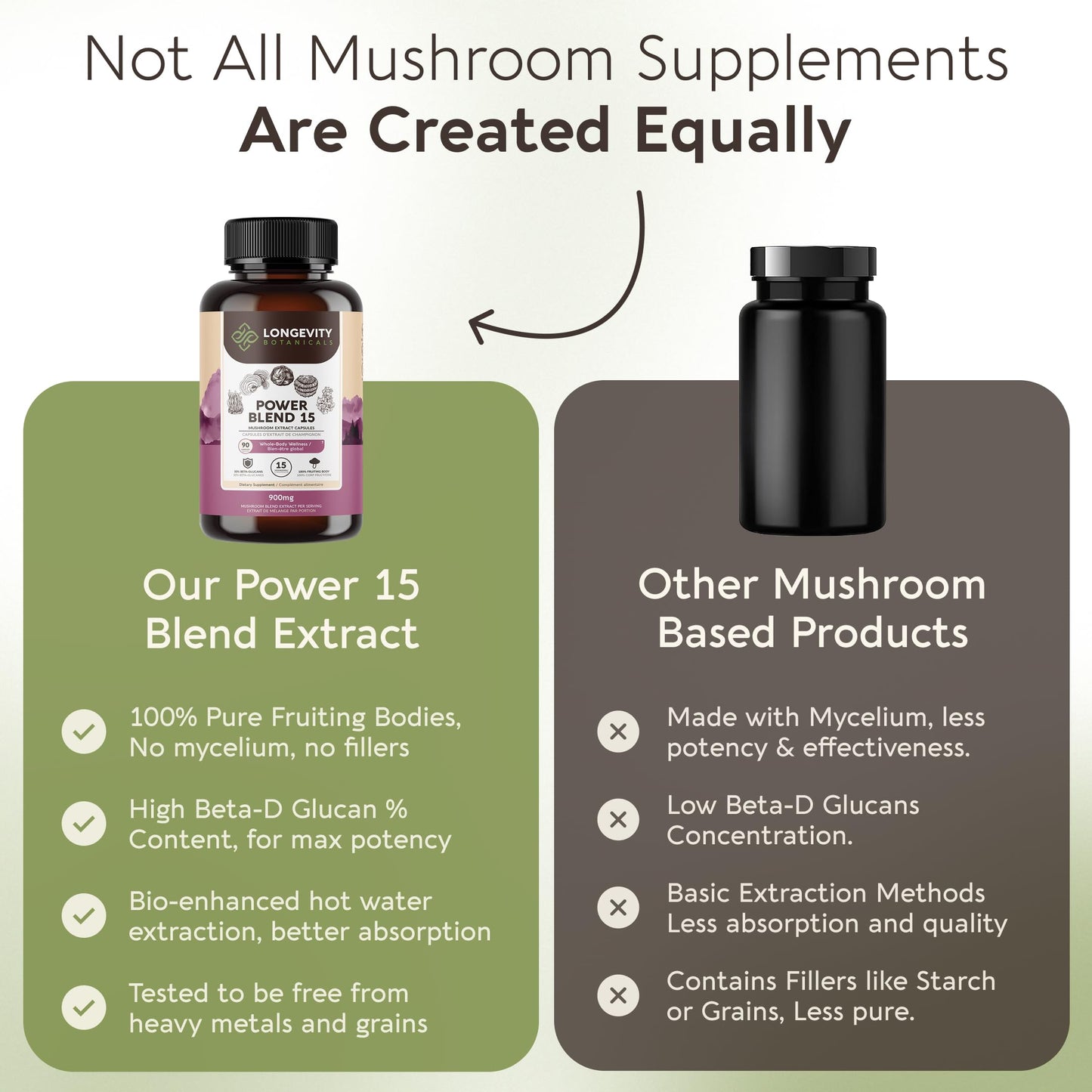 Longevity Botanicals Power 15 Mushroom Blend Capsules 90 Count